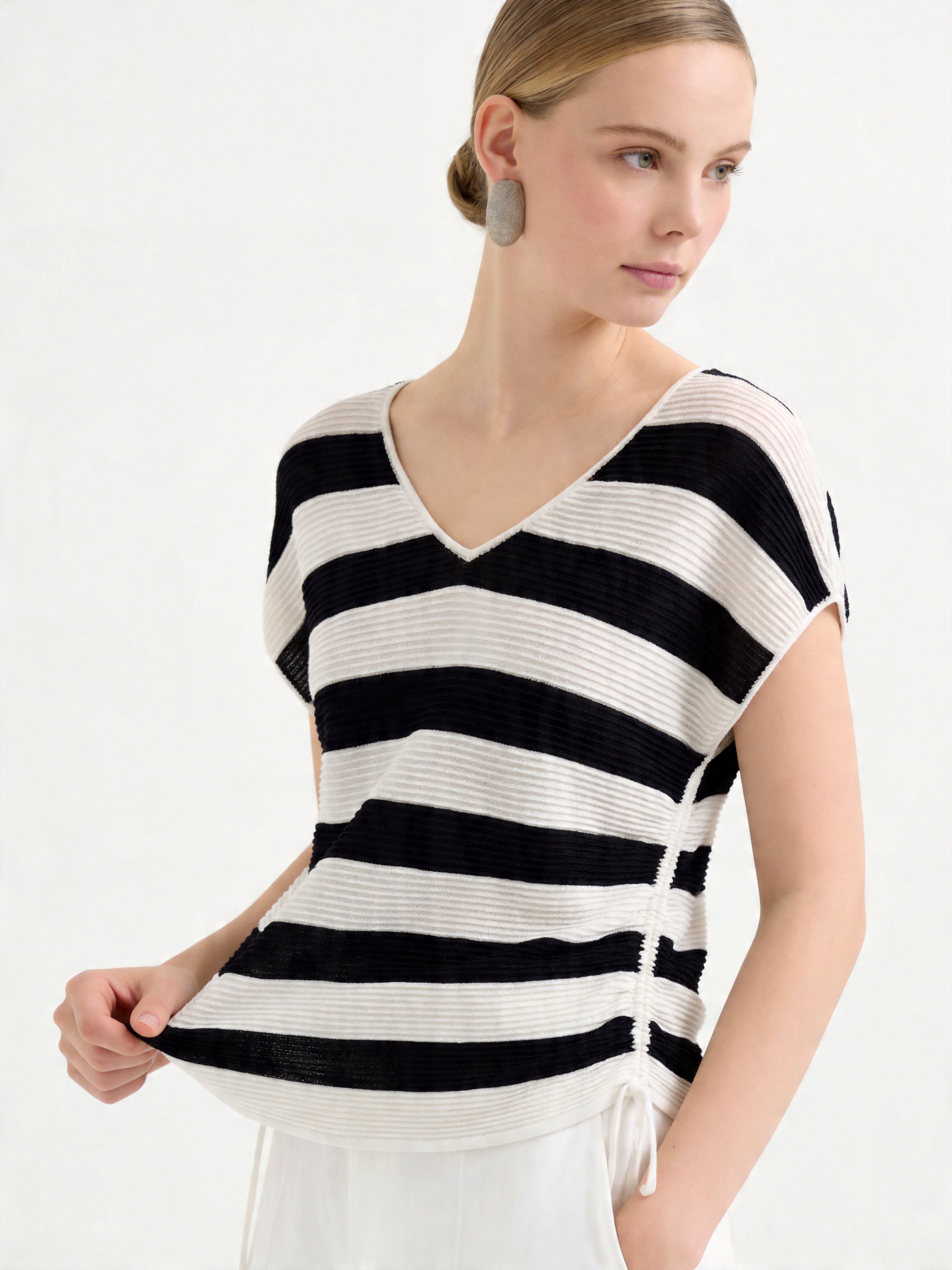 Black White Tencel Short Sleeve Stripe Knit Sweater