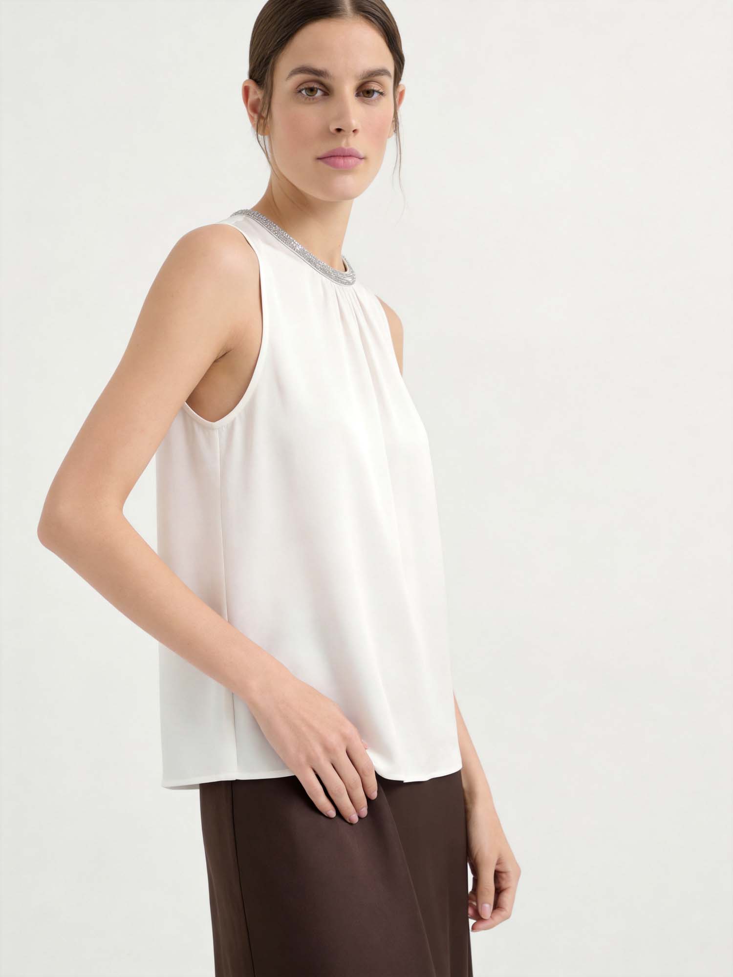 White Silk Sleeveless Colorblock Tank Top