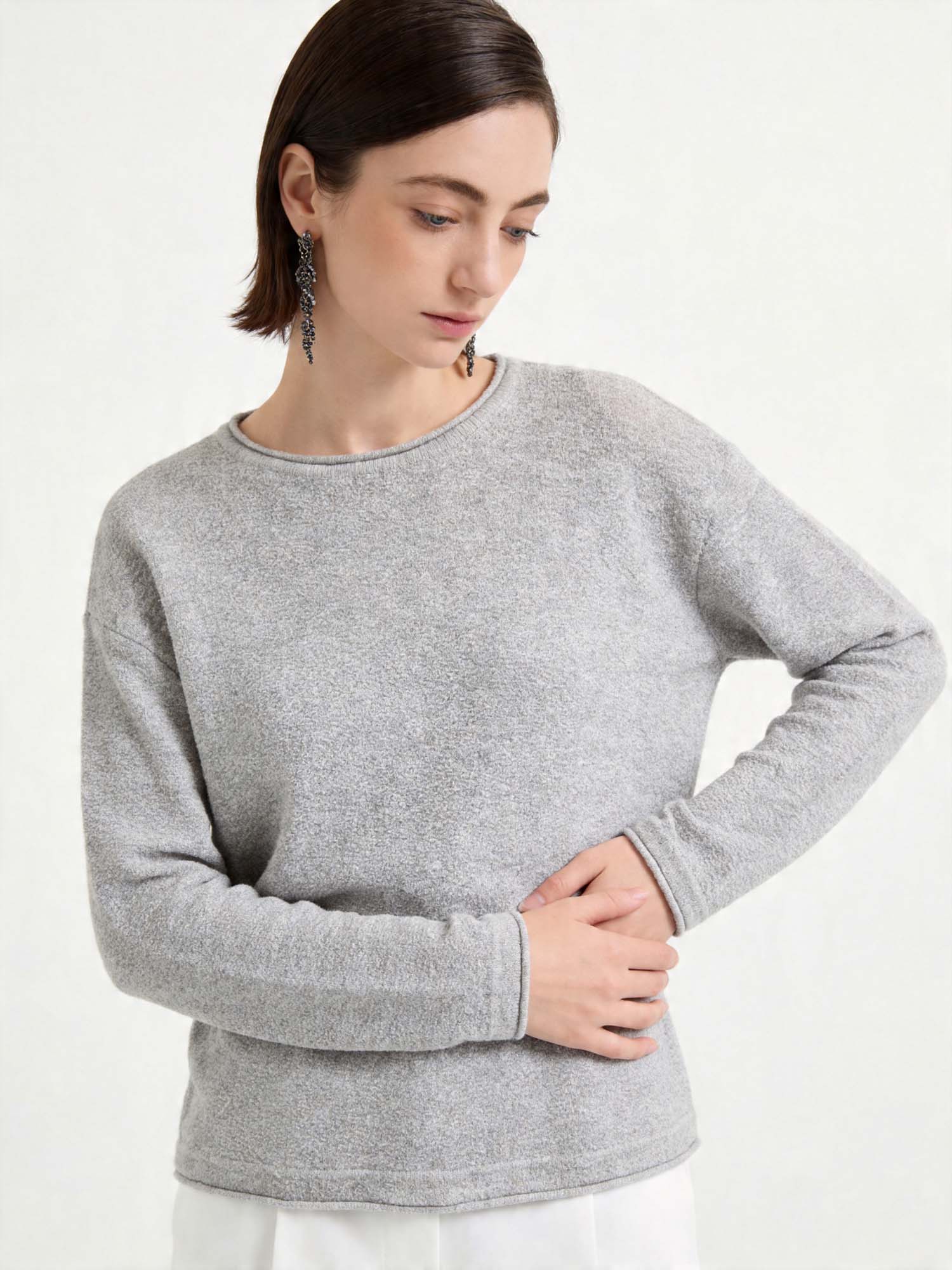 Gray Sheer Rolled-Edge Knit Sweater