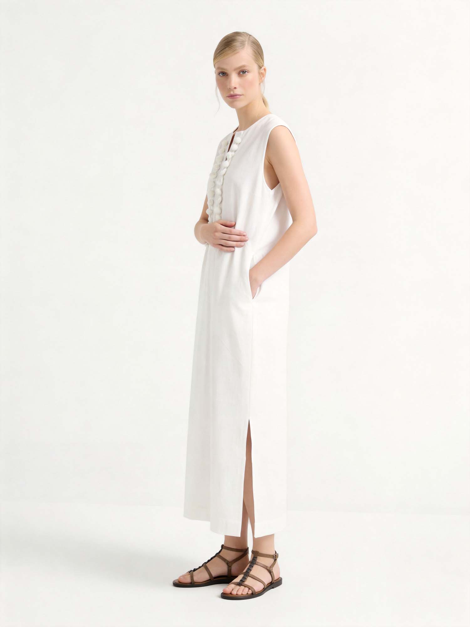 White Linen Crew Neck Maxi Tank Dress