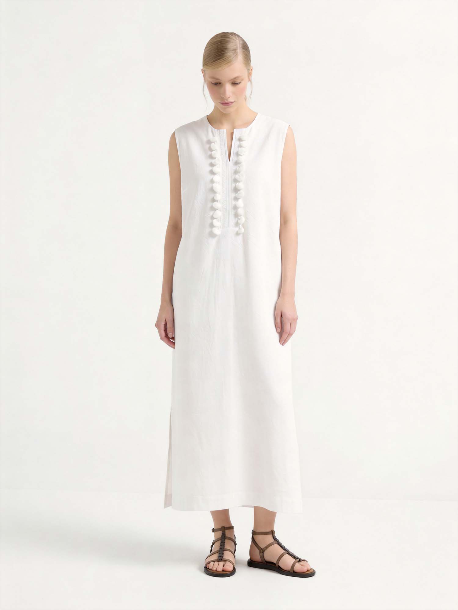 White Linen Crew Neck Maxi Tank Dress