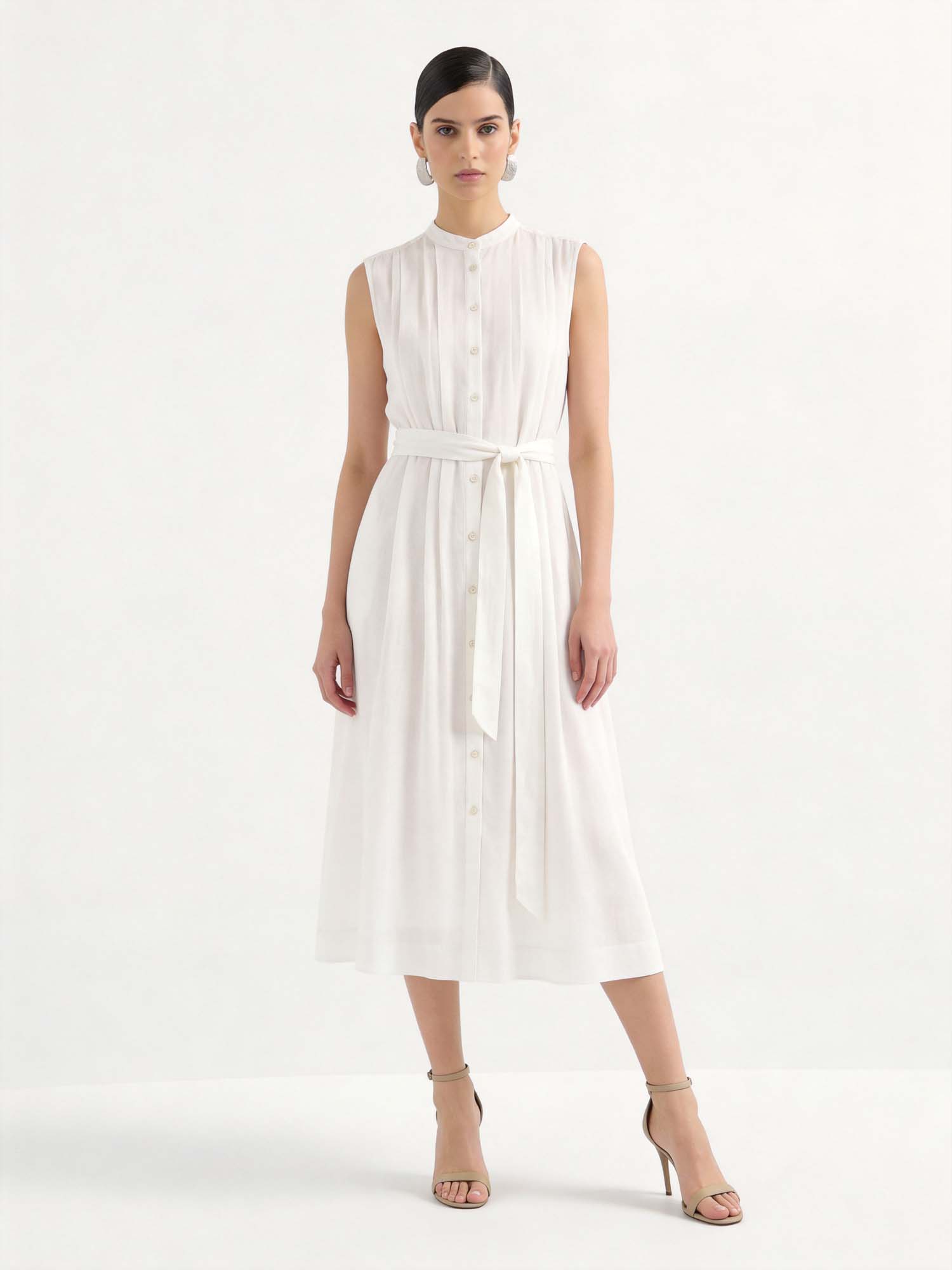 White Pleated Linen Tie-Waist Dress