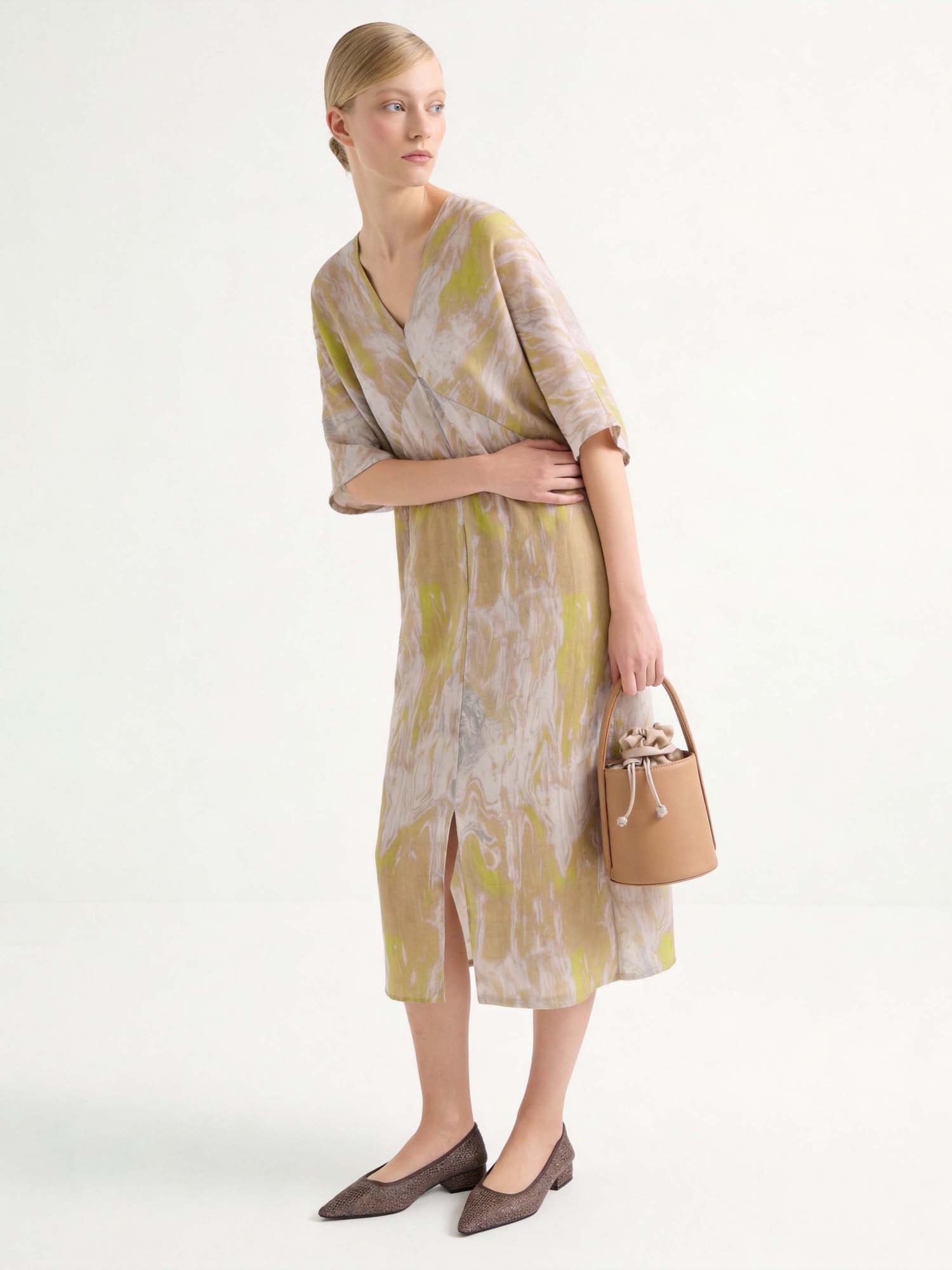 Yellow Linen V Neck Print Midi Dress