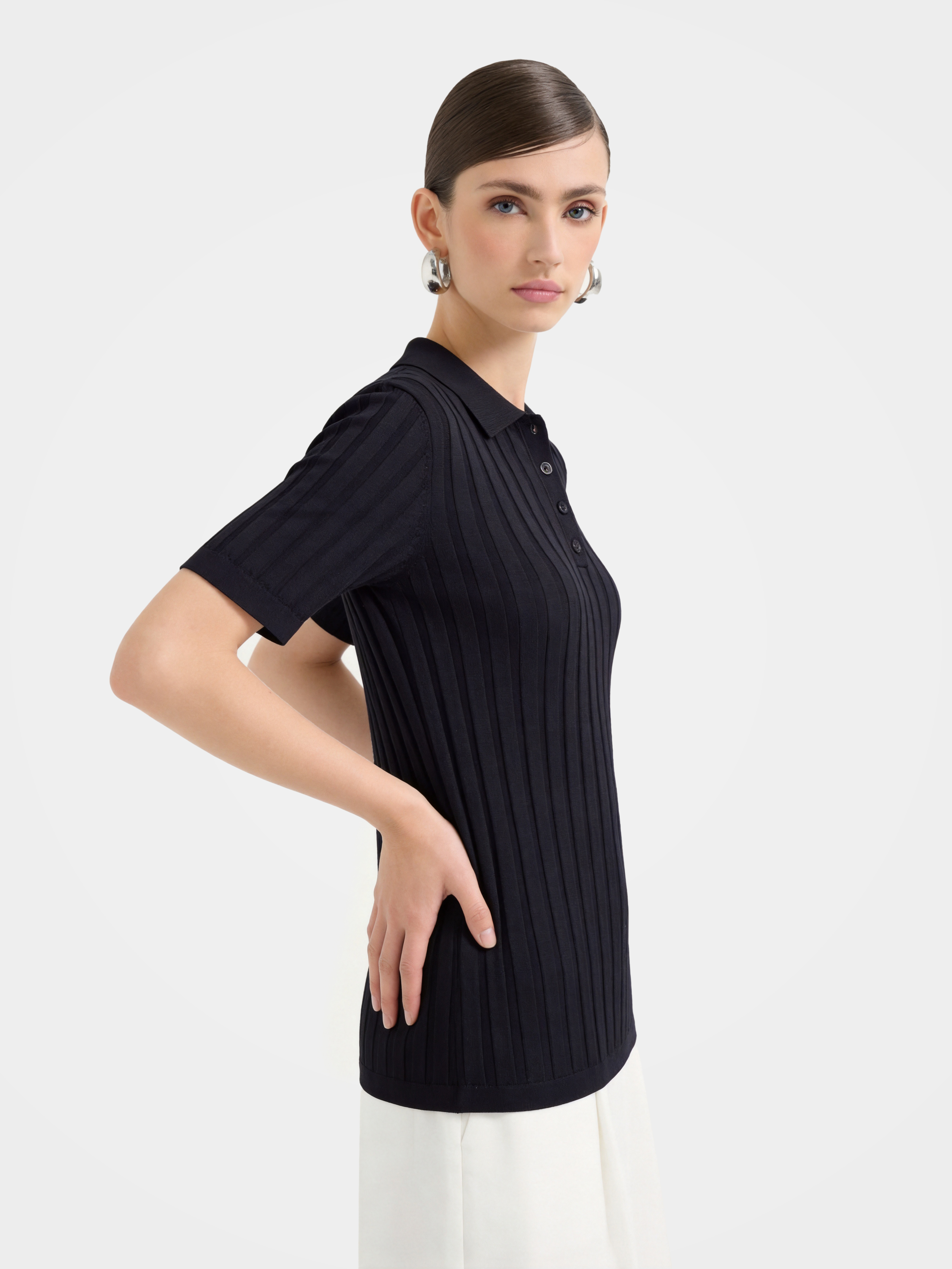 Cooling Tencel Silk Blend Ribbed Knit Polo Top