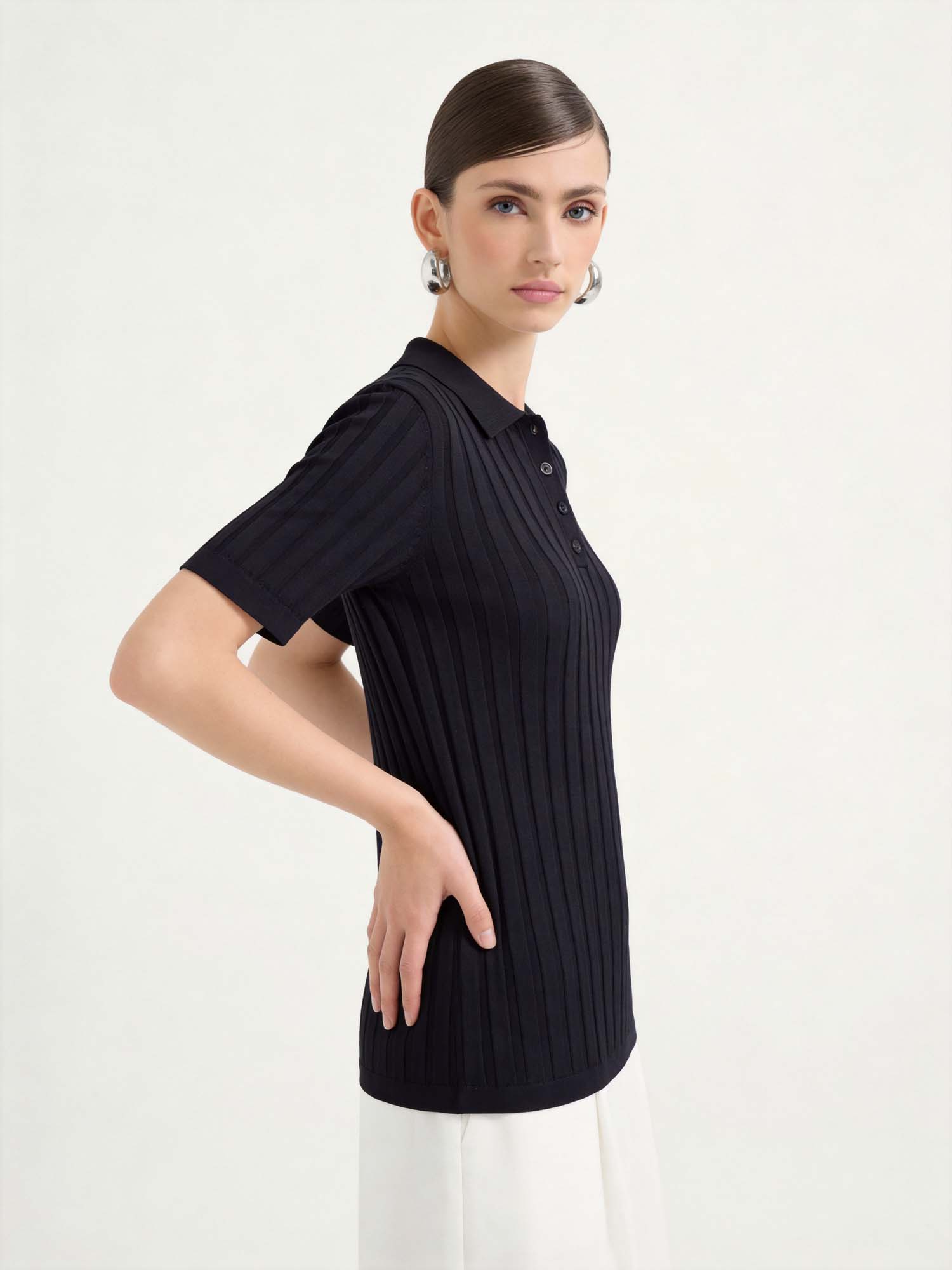 Black Tencel Button Knit Polo Sweater