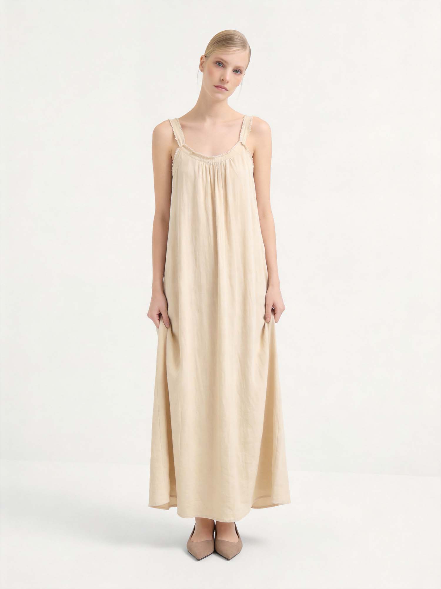 Yellow Linen Crew Neck Maxi Dress