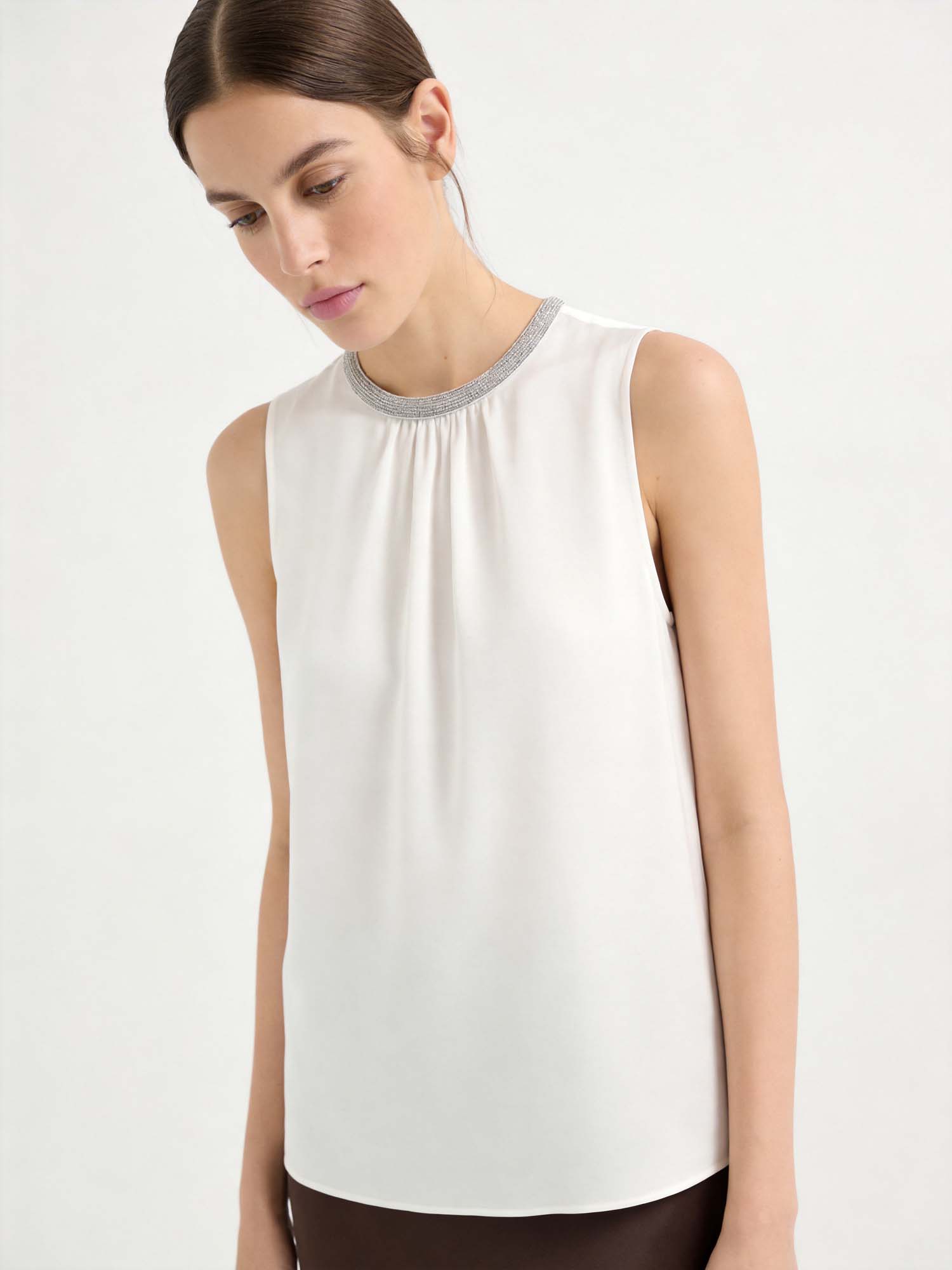 White Silk Sleeveless Colorblock Tank Top