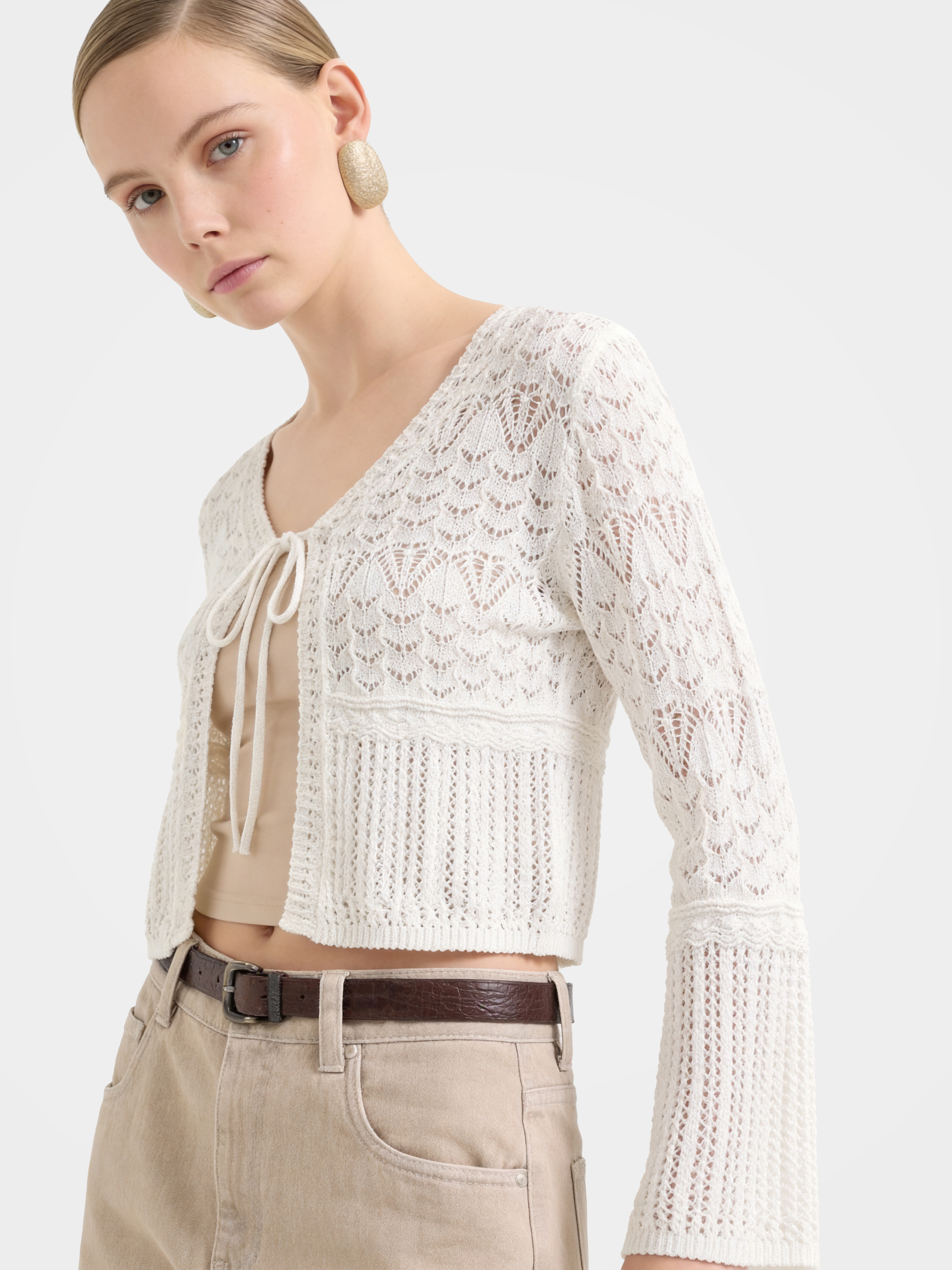 White Cotton Hollow Out Knit Cardigan