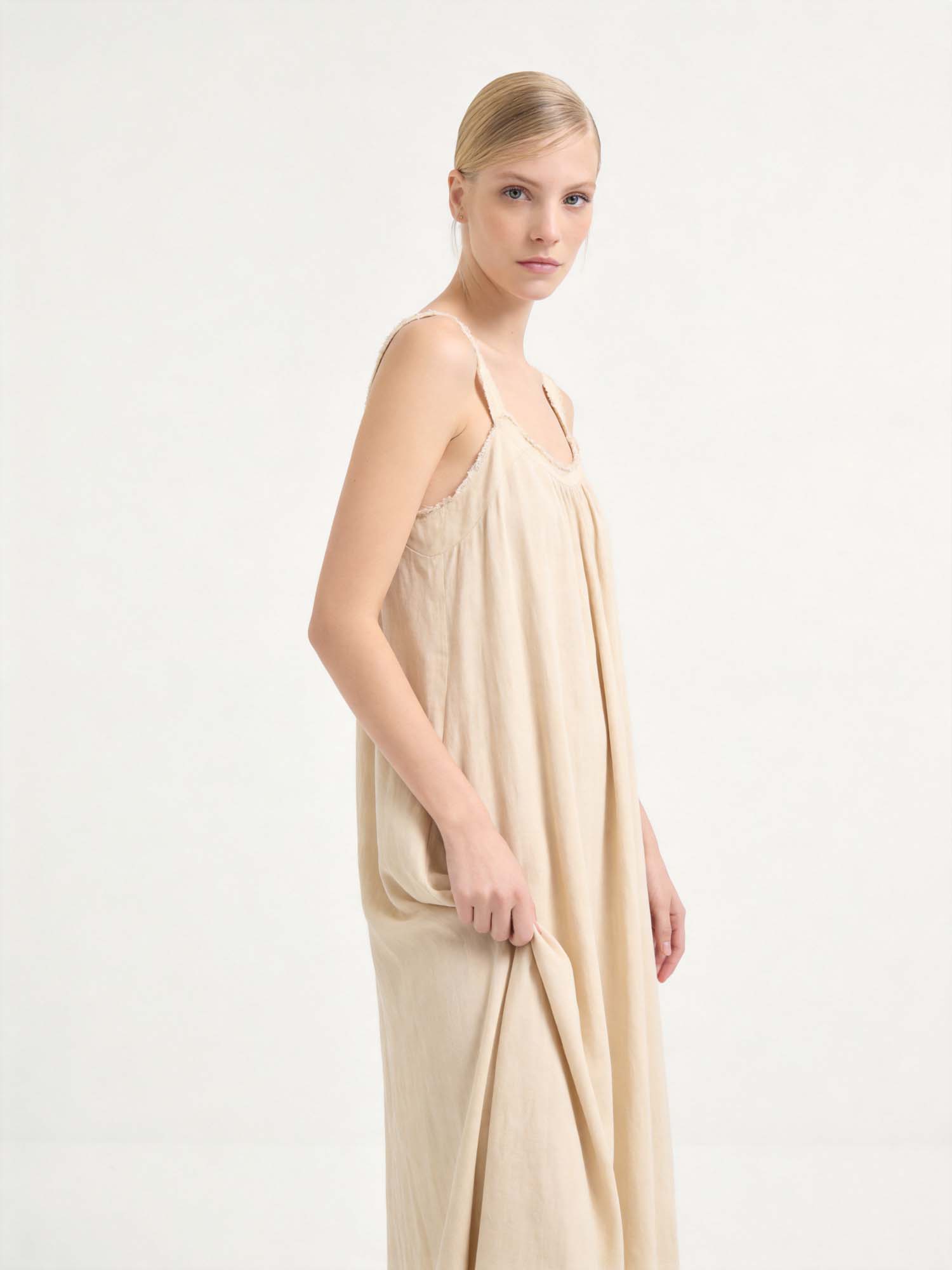 Yellow Linen Crew Neck Maxi Dress