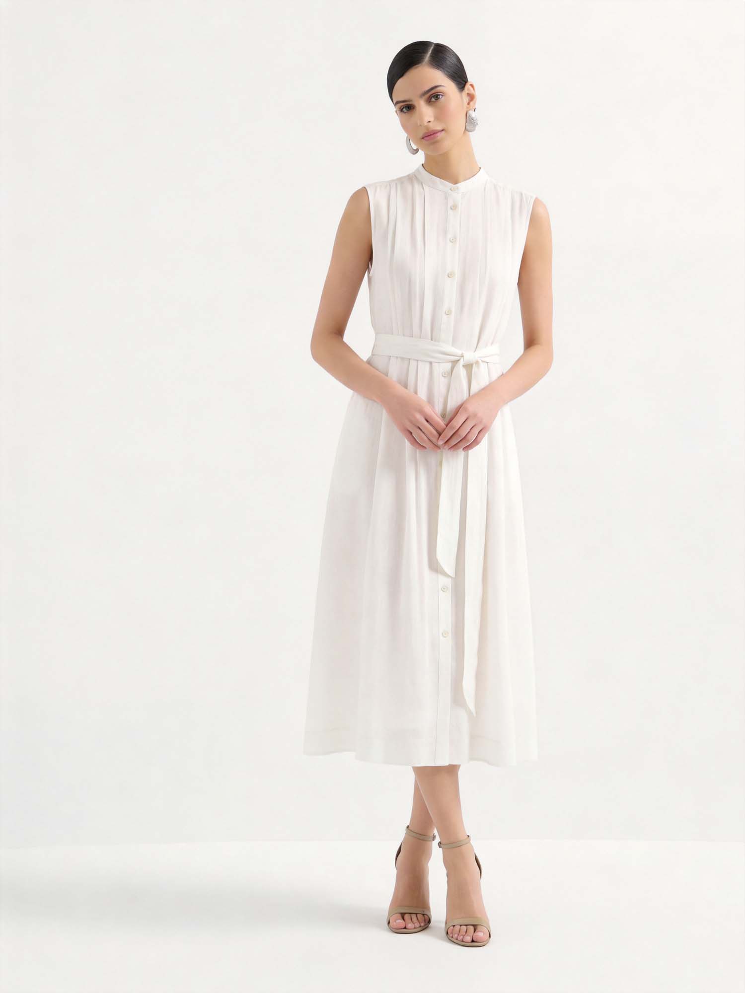 White Pleated Linen Tie-Waist Dress