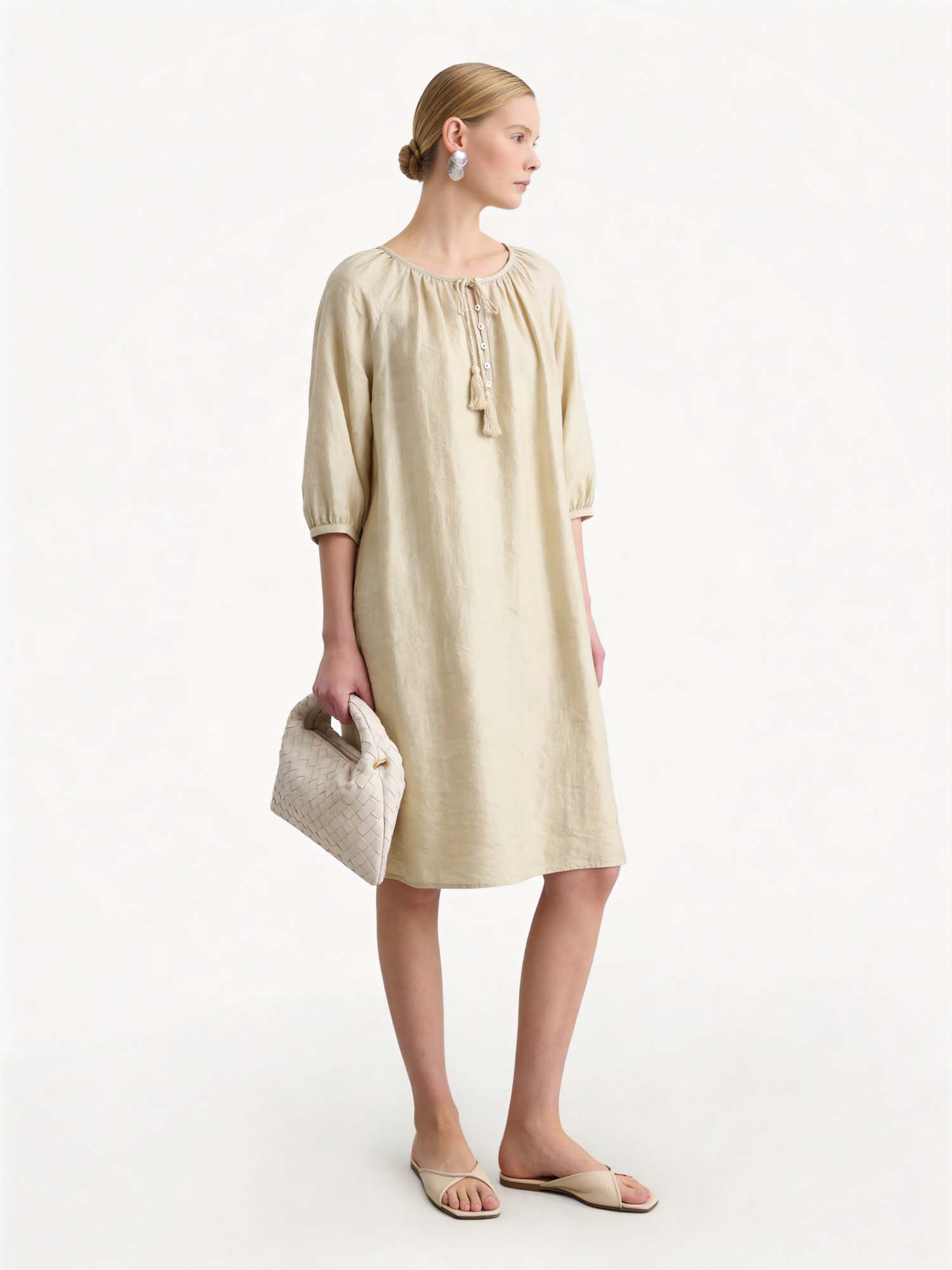 Green Tencel Crew Neck Midi Dress