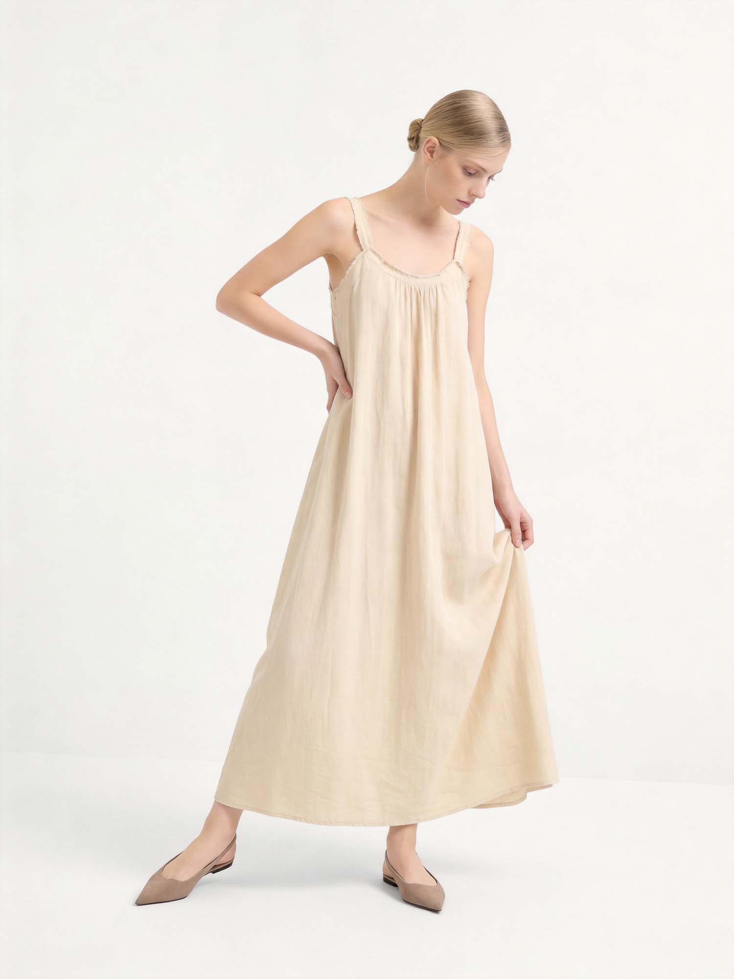 Yellow Linen Crew Neck Maxi Dress