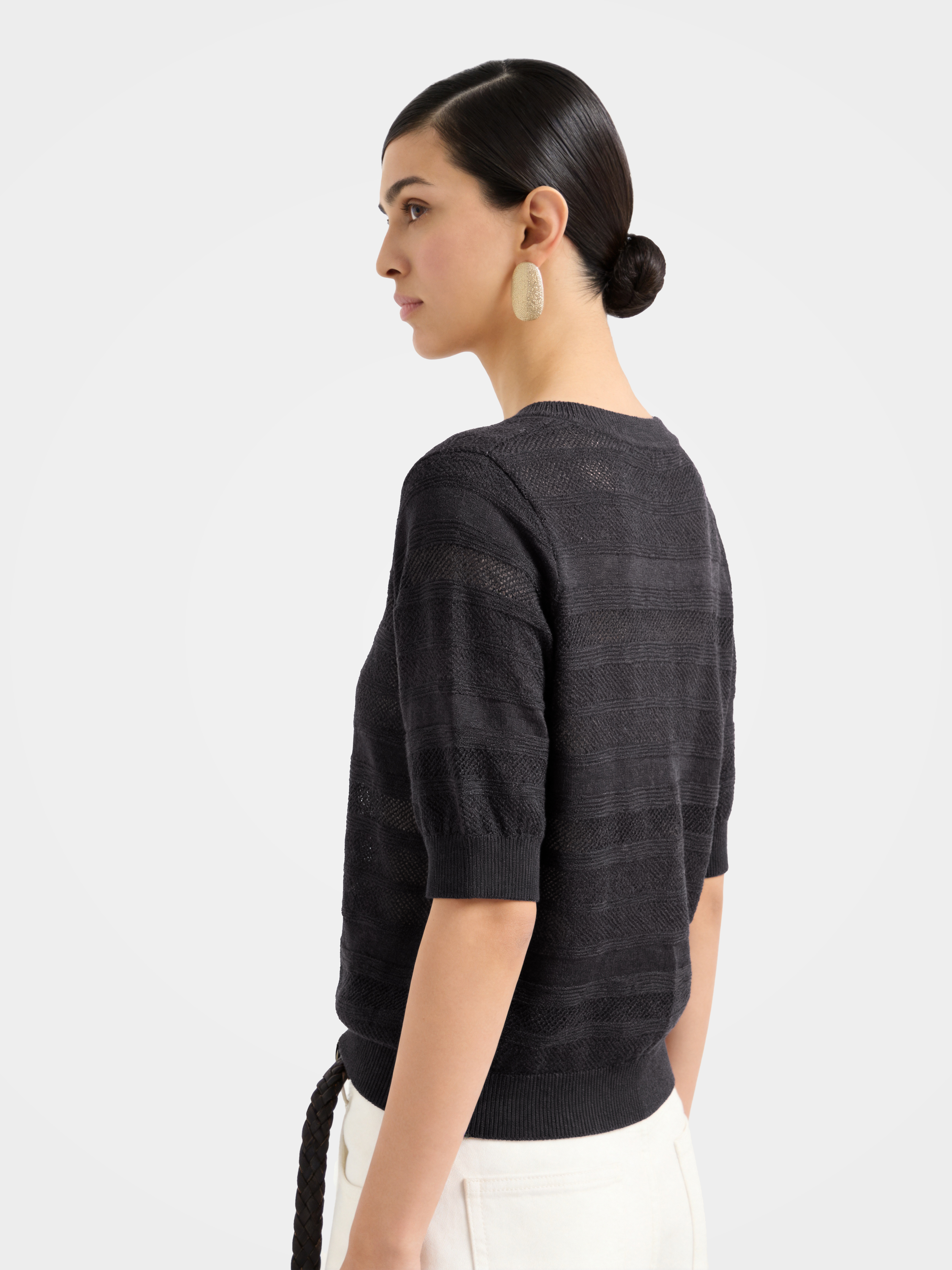 Black Sheer Wool-Silk Puff Sleeve Knit Top