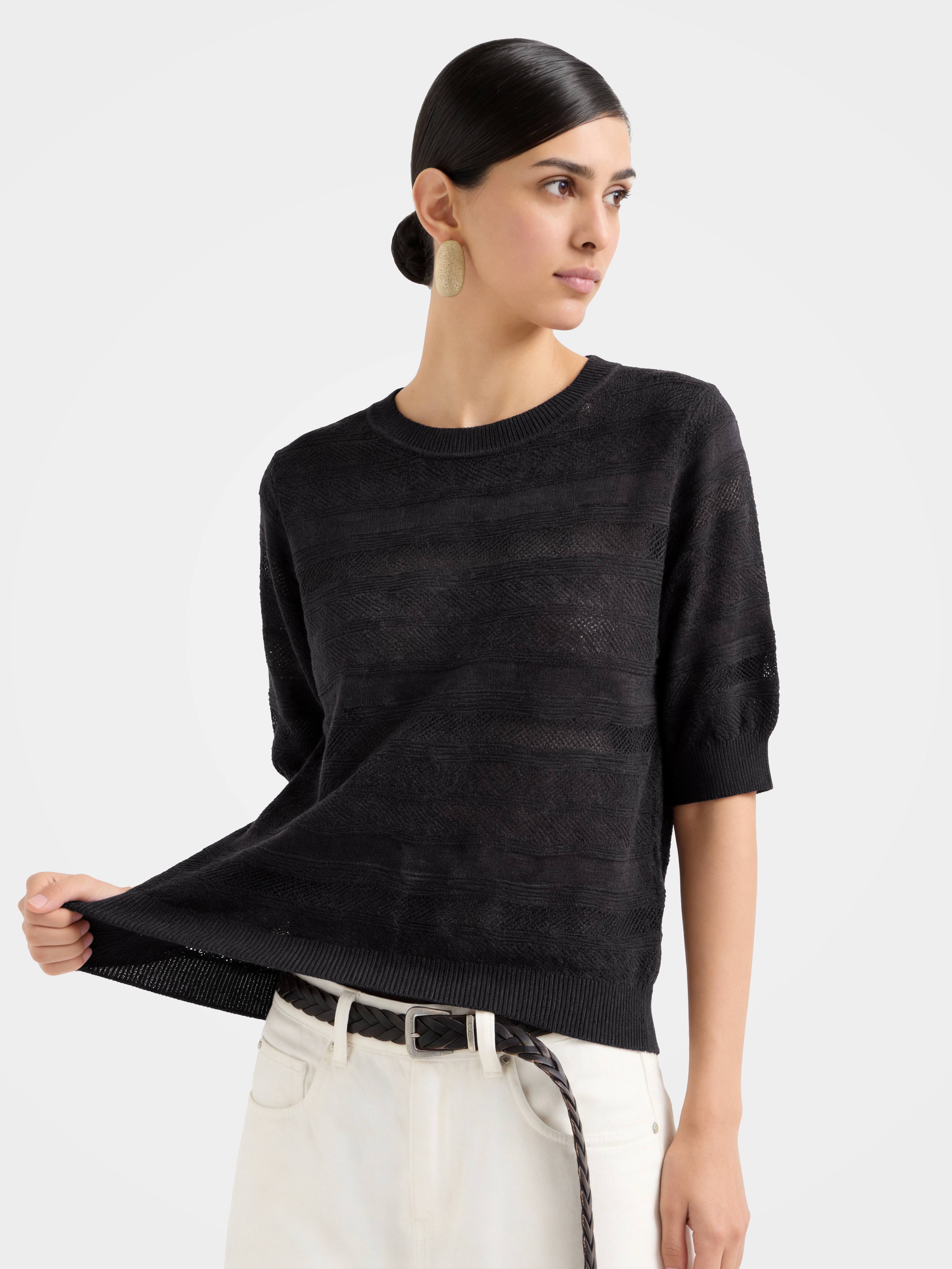 Black Sheer Wool-Silk Puff Sleeve Knit Top
