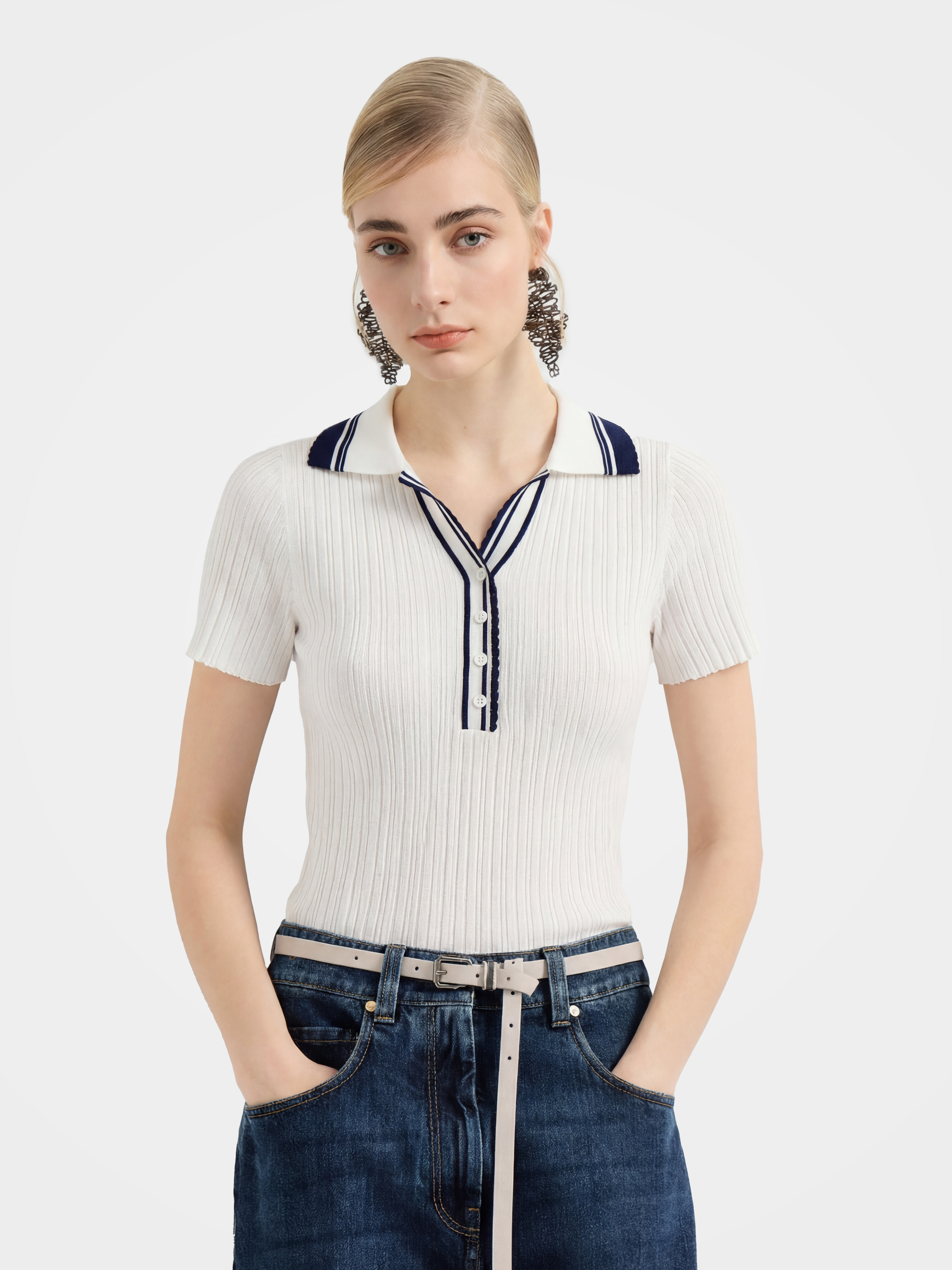 White Tencel Short Sleeve Knit Polo Sweater