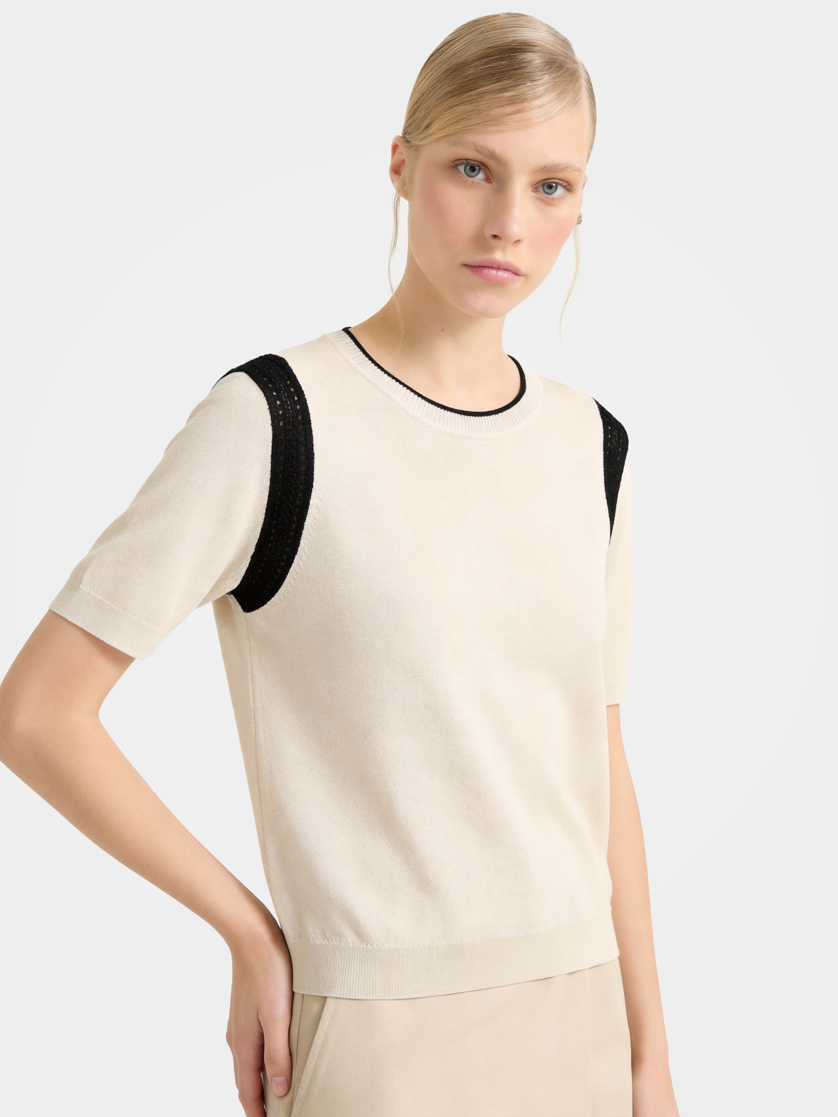 Beige Wool-Silk Knit Sweater with Hollow Out Shoulders