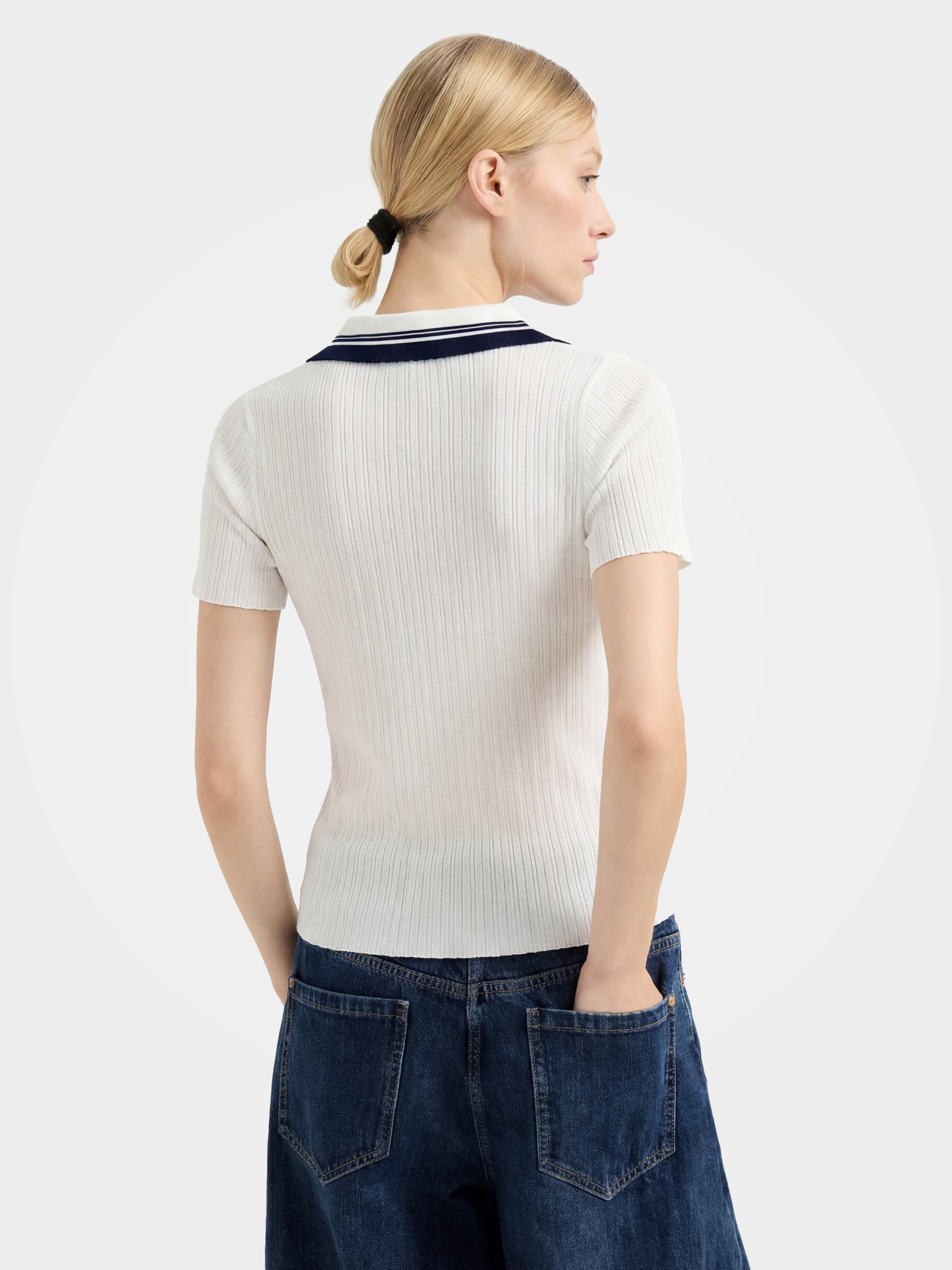 White Tencel Short Sleeve Knit Polo Sweater