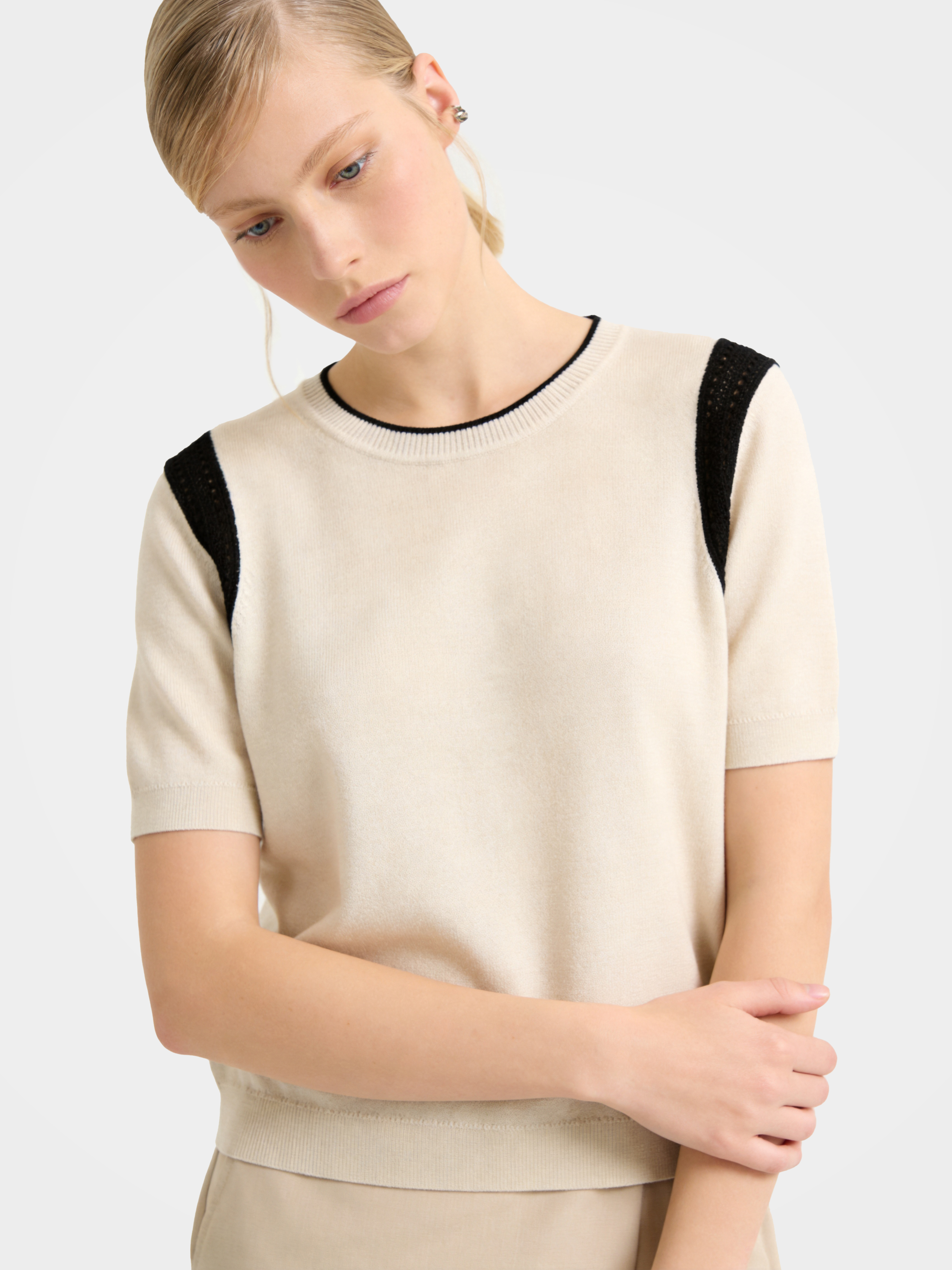 Beige Wool-Silk Knit Sweater with Hollow Out Shoulders