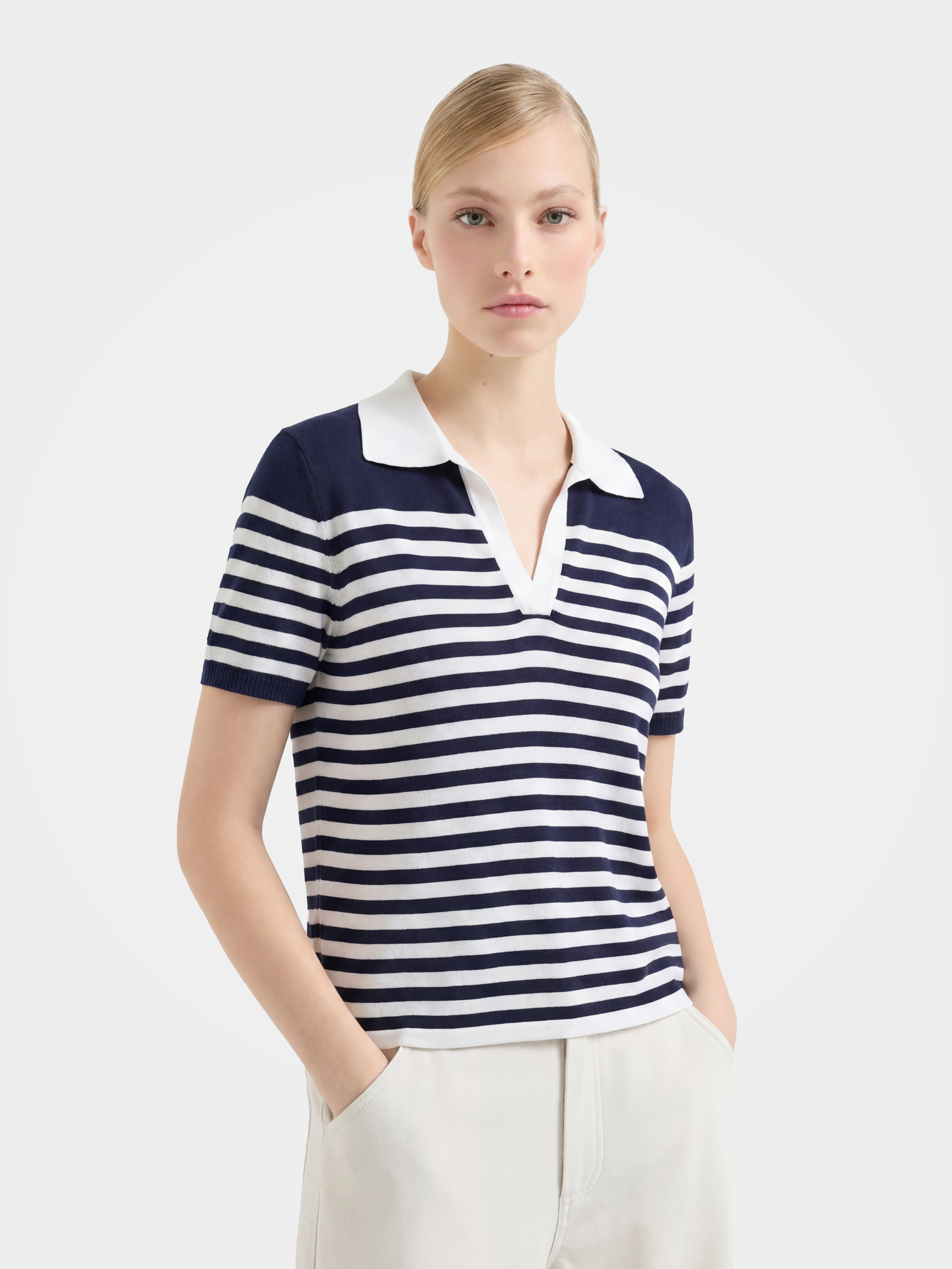 Silk Short Sleeve Stripe Knit Polo Top – Luxurious Lightweight Silk Polo