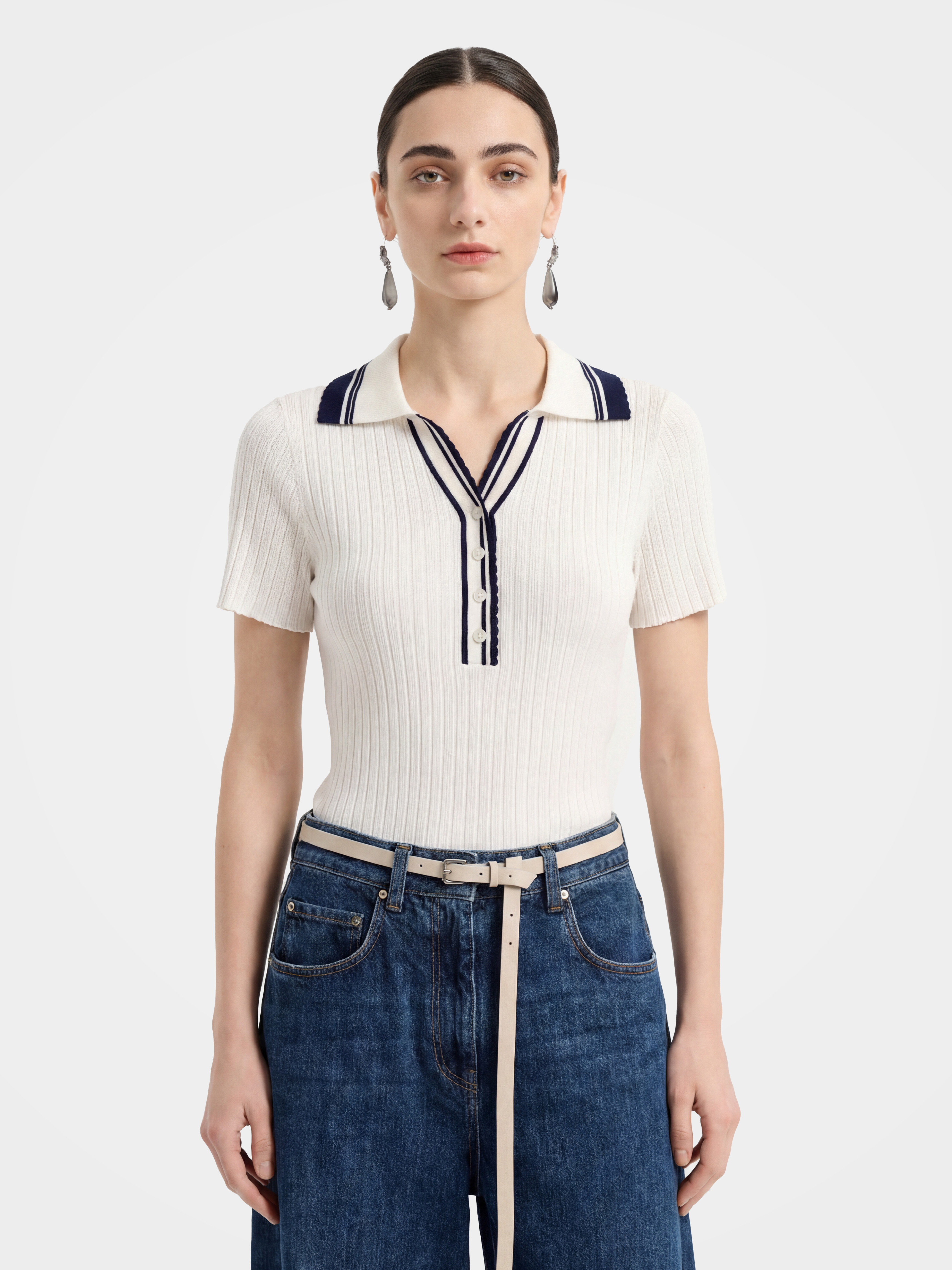 White Tencel Short Sleeve Knit Polo Sweater