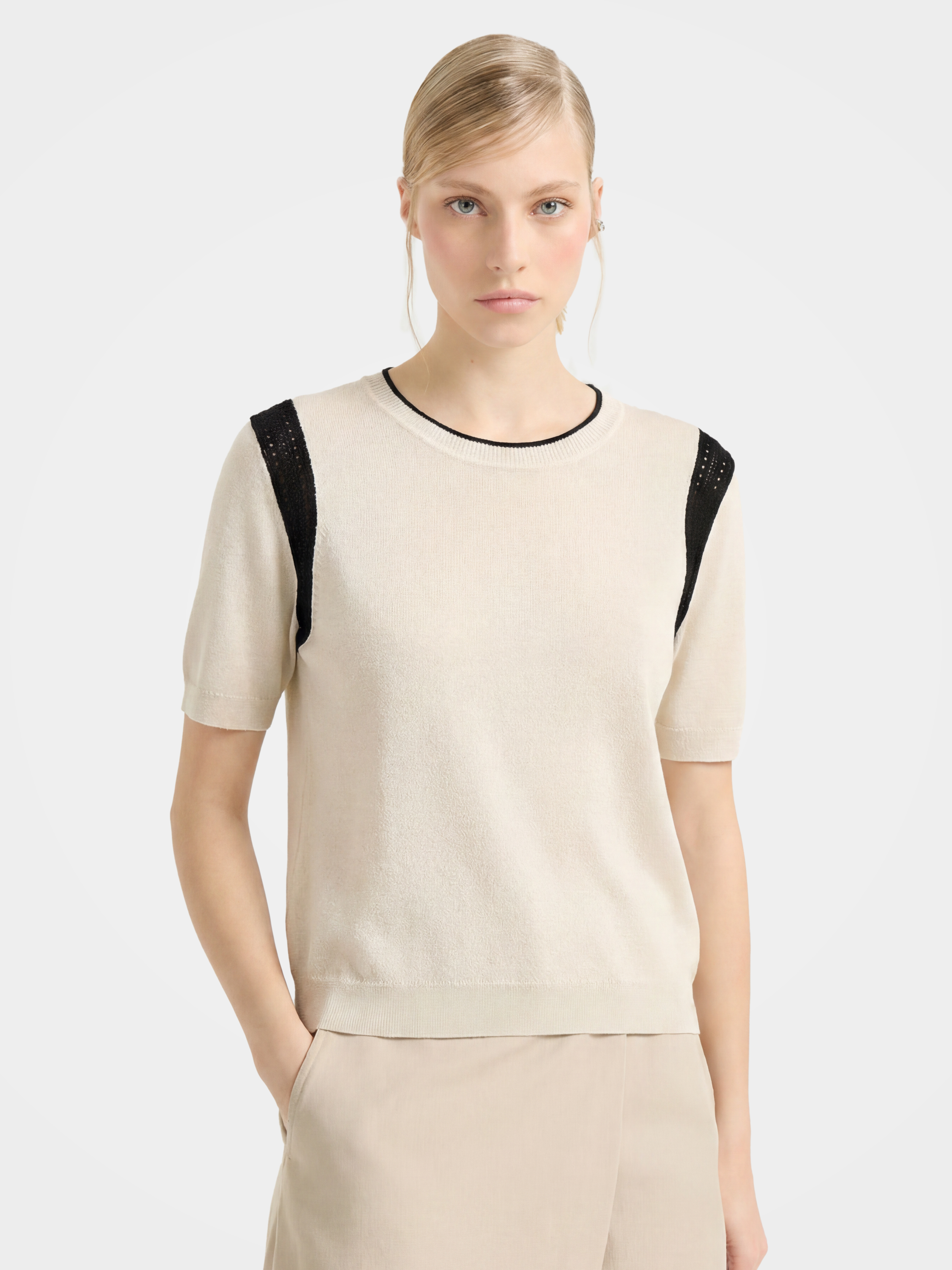 Beige Wool-Silk Knit Sweater with Hollow Out Shoulders