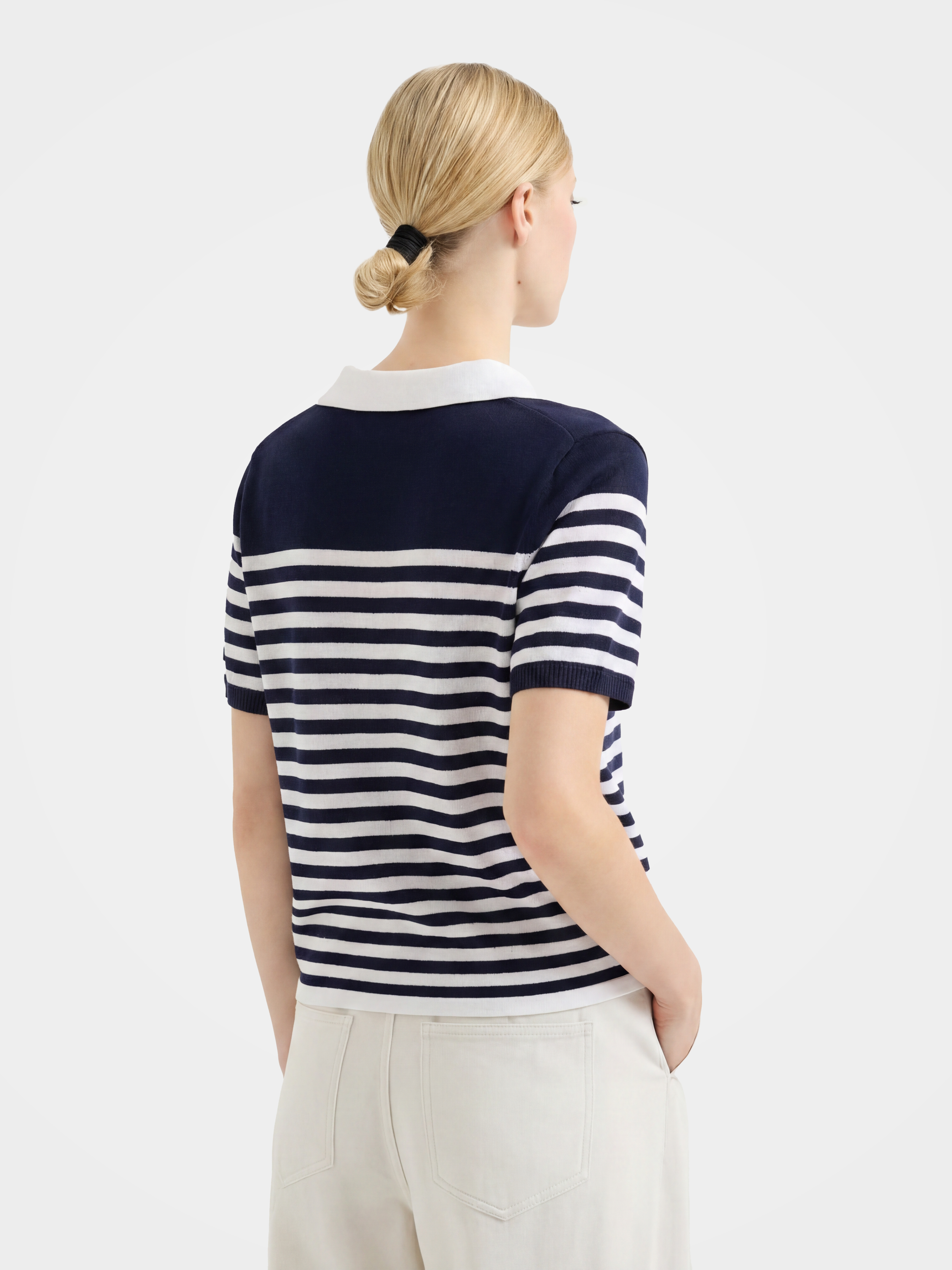 Navy Tencel Short Sleeve Stripe Knit Polo Sweater