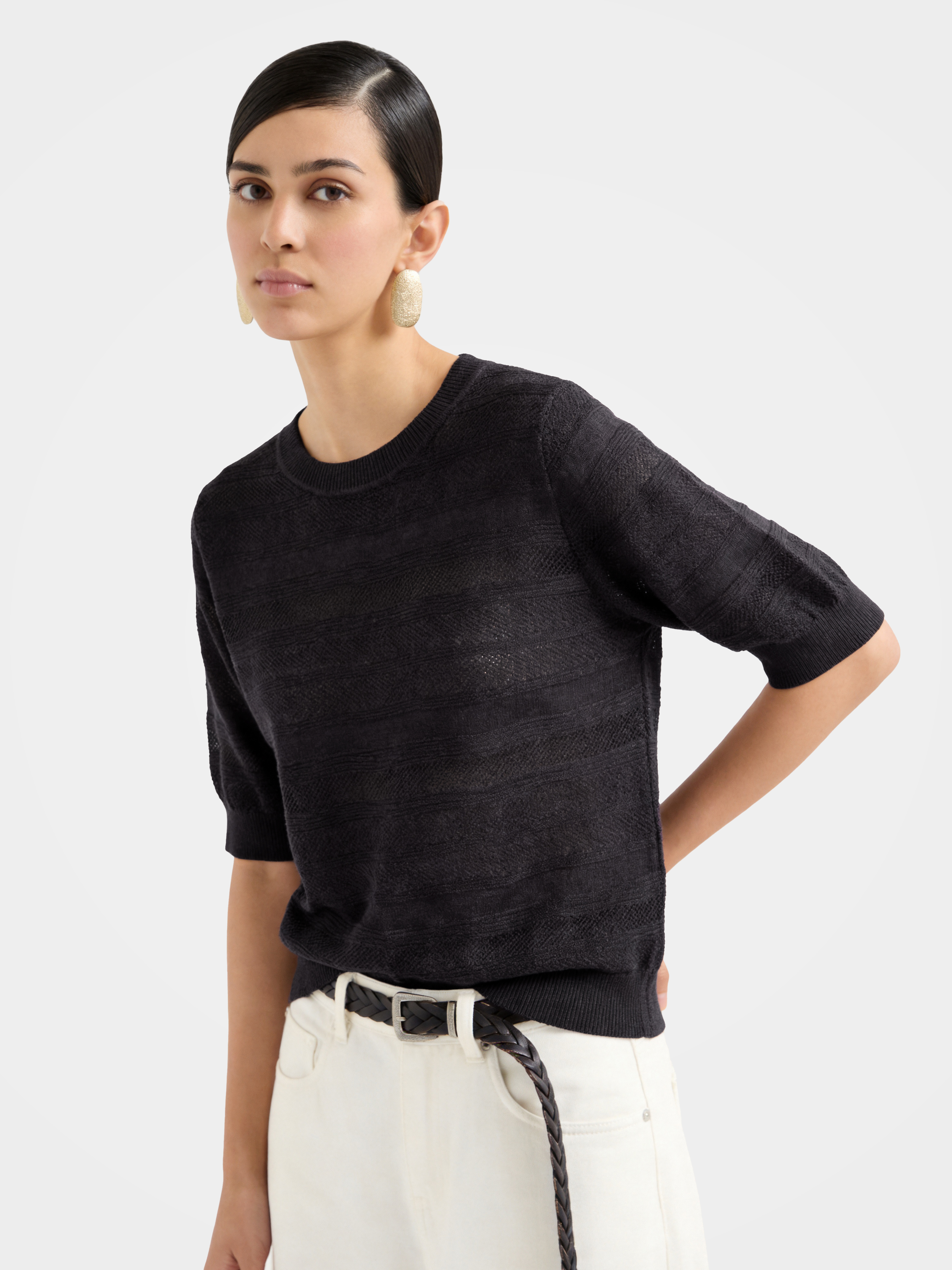 Black Sheer Wool-Silk Puff Sleeve Knit Top