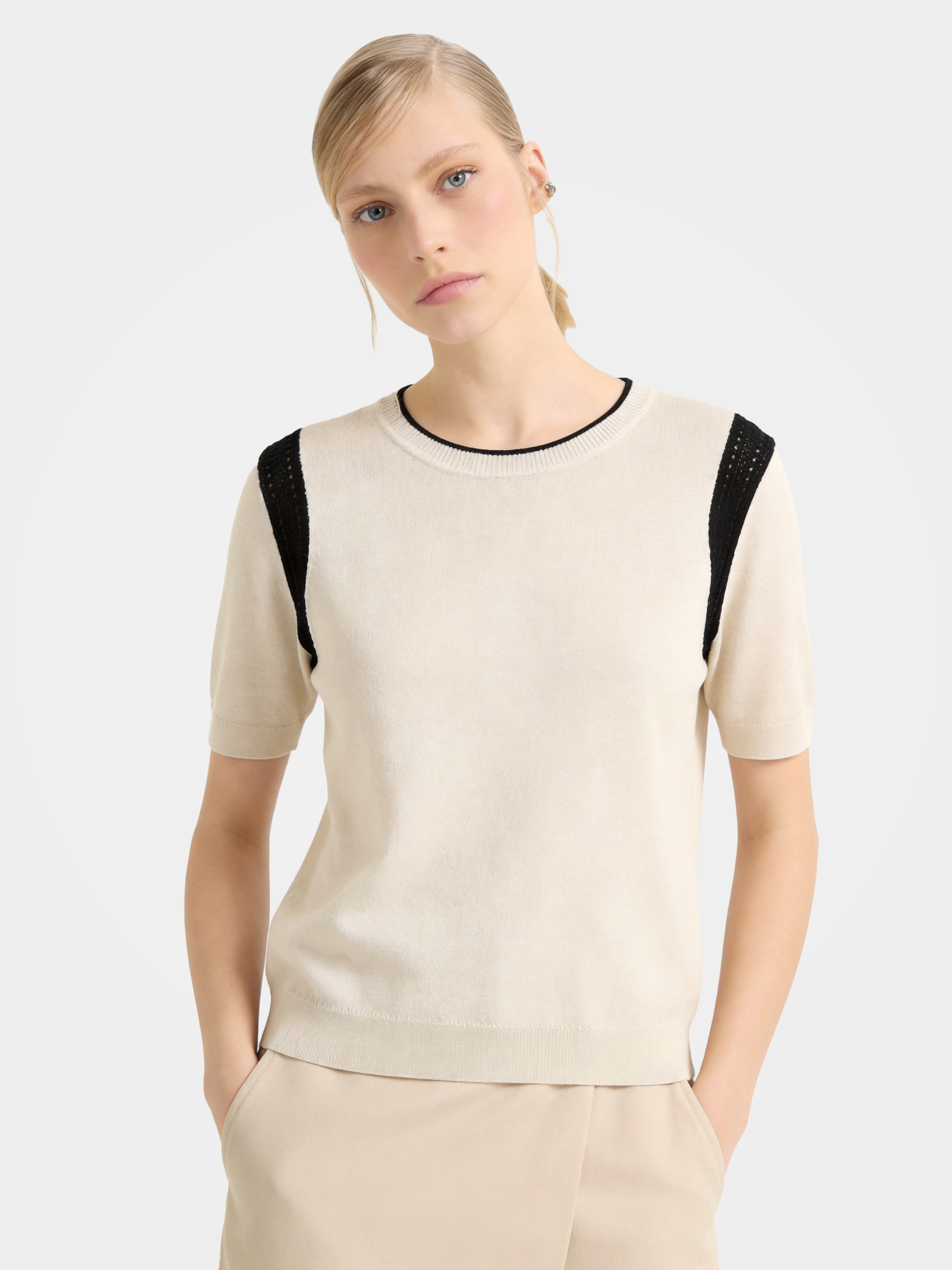Beige Wool-Silk Knit Sweater with Hollow Out Shoulders