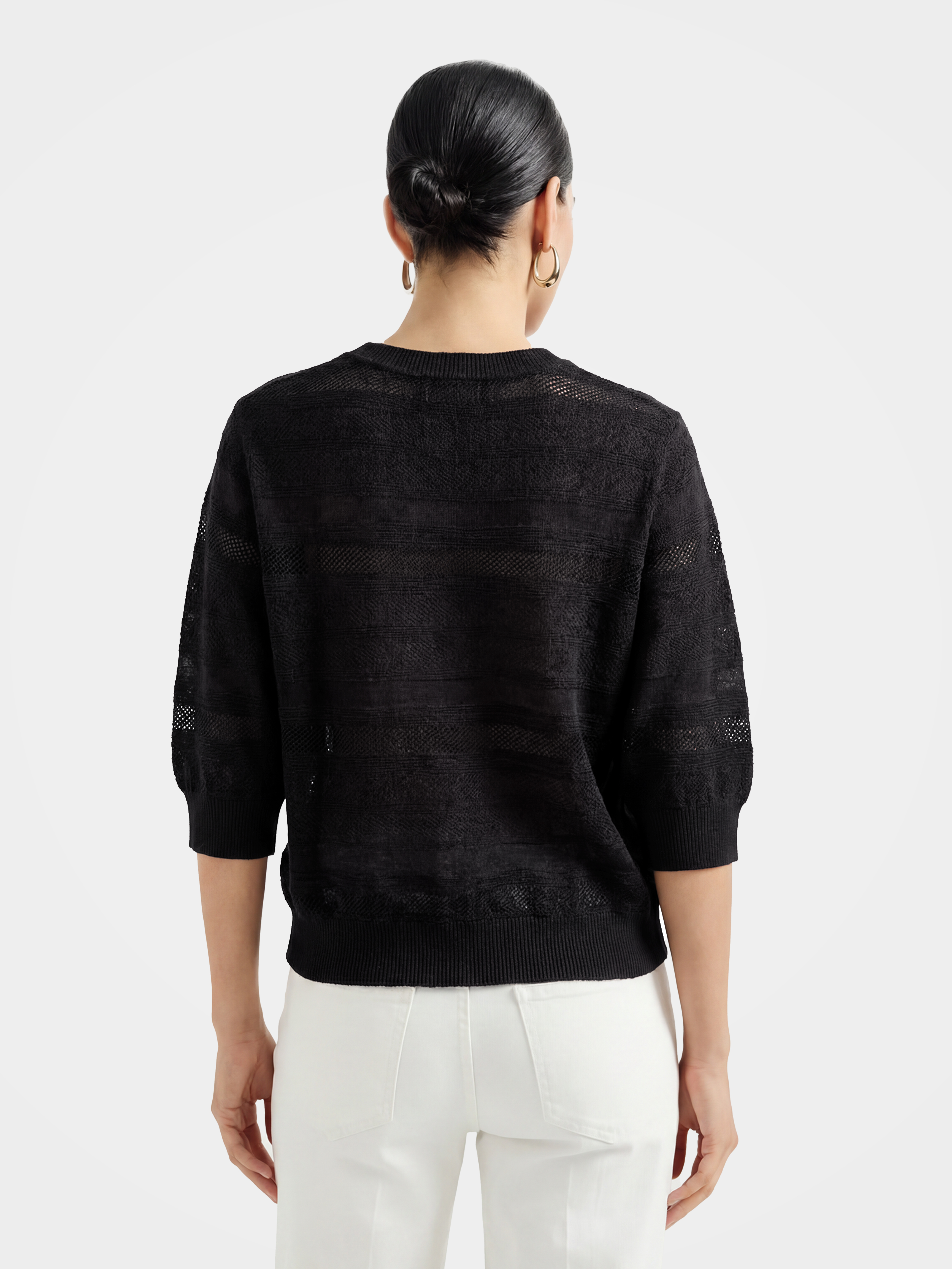 Black Sheer Wool-Silk Puff Sleeve Knit Top