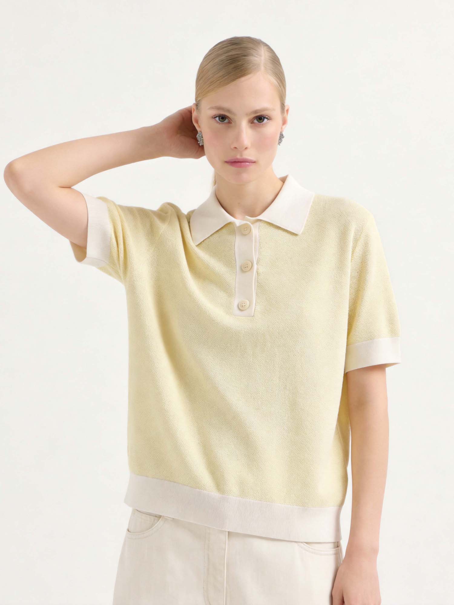 Yellow Cotton Knit Polo Sweater