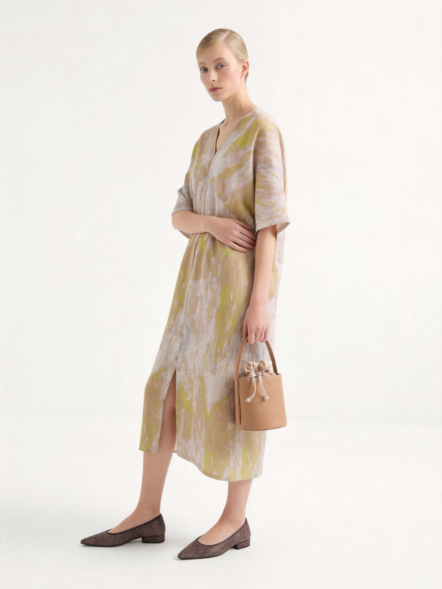 Yellow Linen V Neck Print Midi Dress