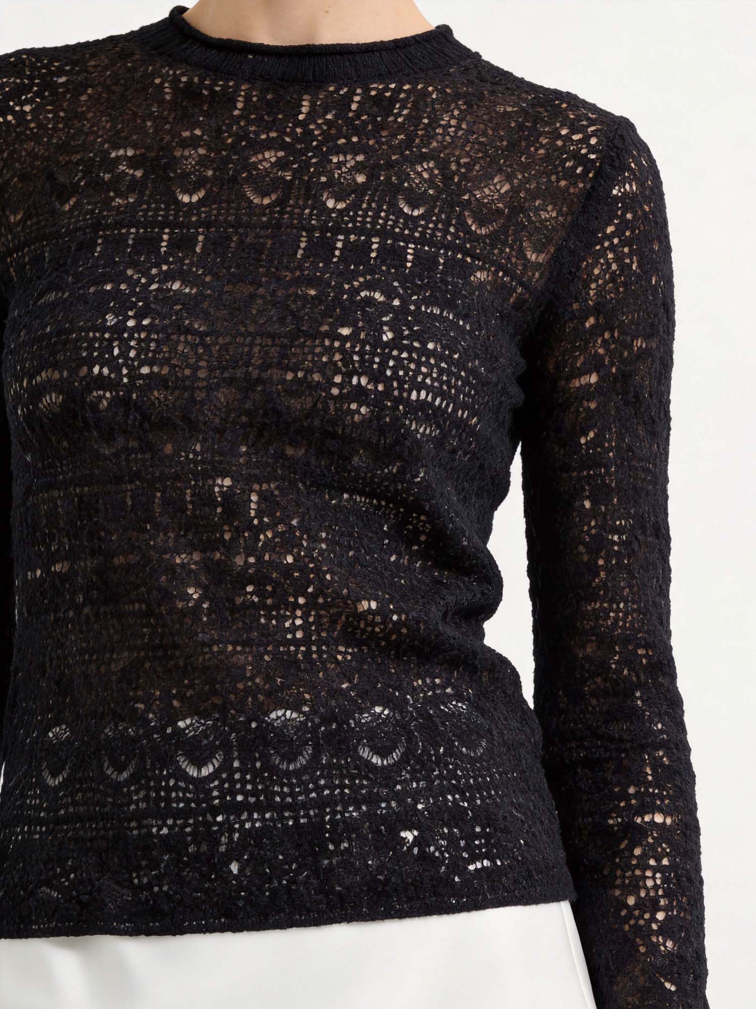 Black Wool-Silk Lace Long Sleeve Knit Sweater
