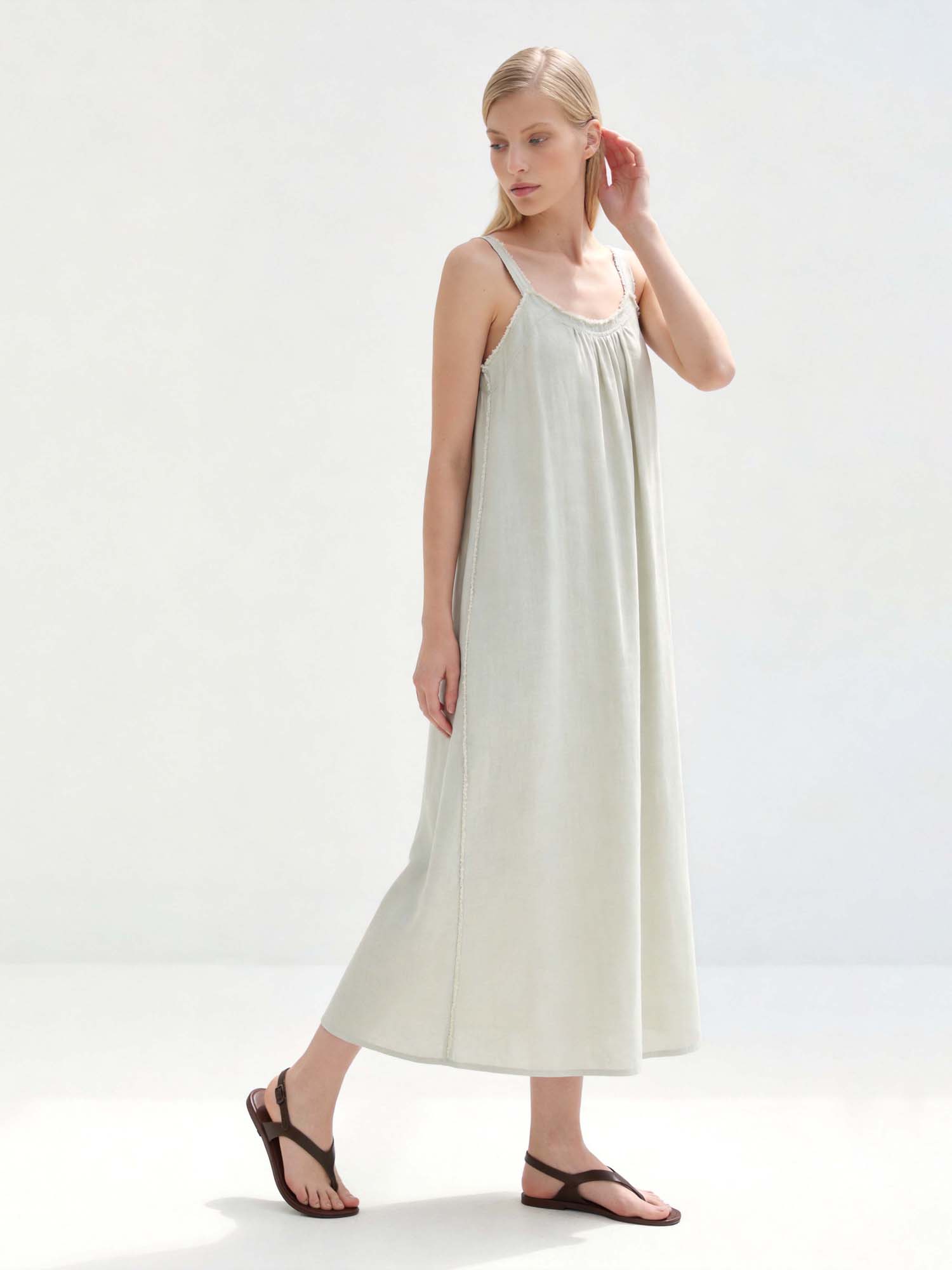 Yellow Linen Crew Neck Maxi Dress