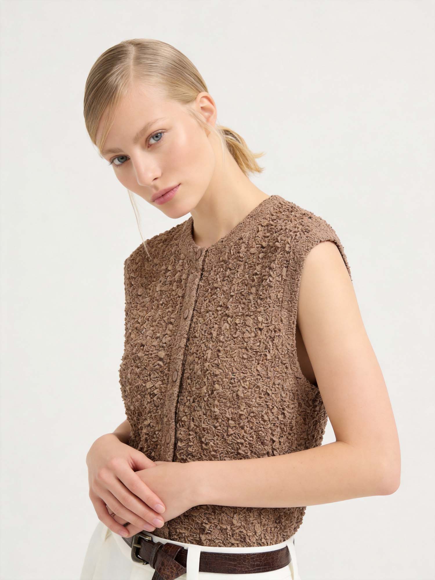 Brown Silk Crinkled Knit Cardigan