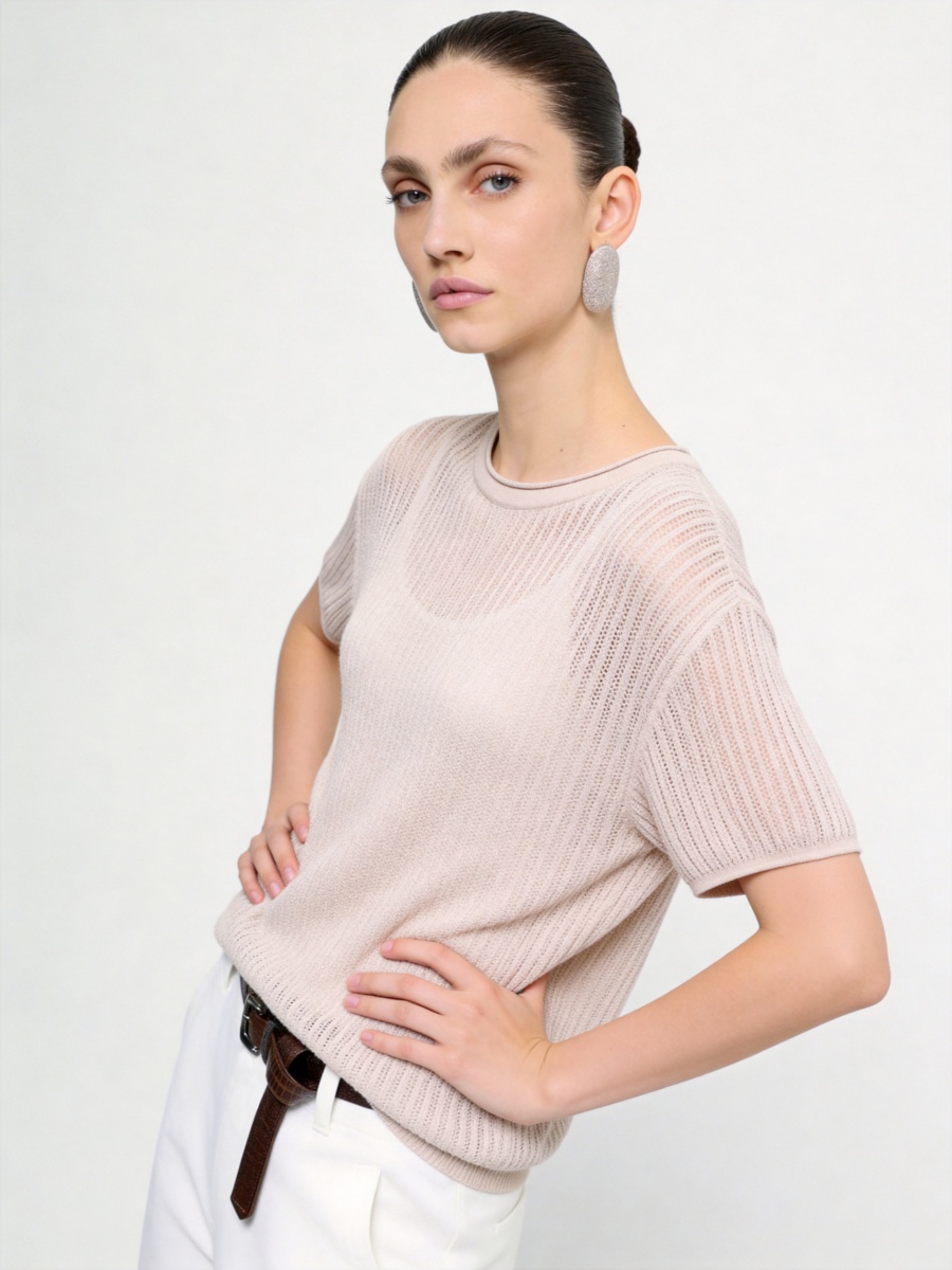 Cotton Short Sleeve Crew Neck Knit Top