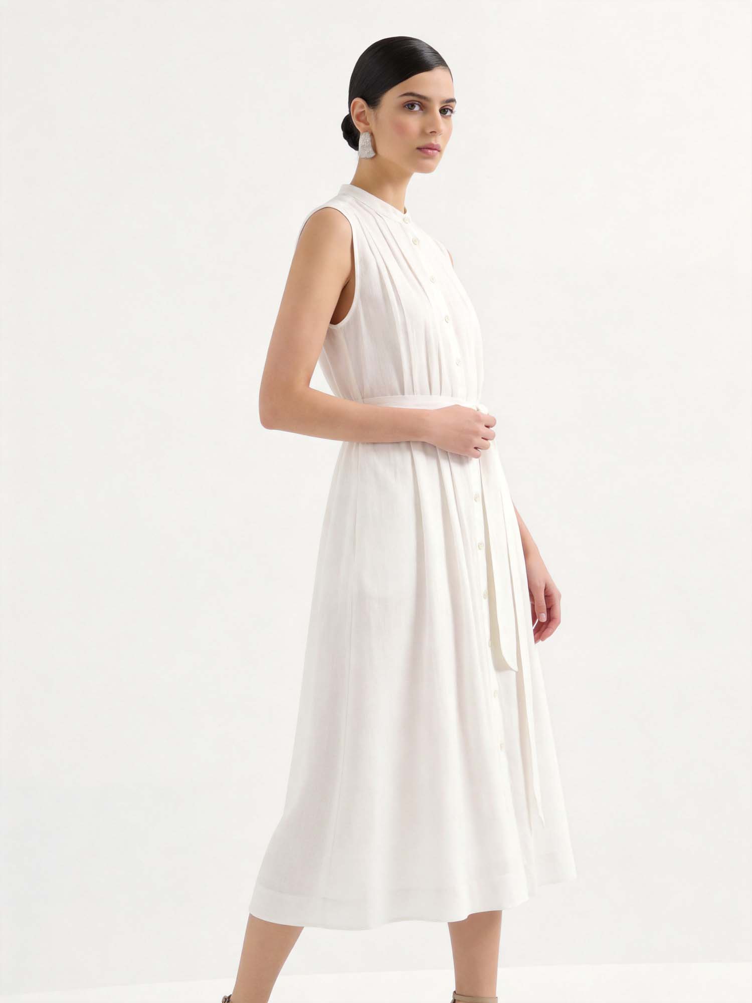 White Pleated Linen Tie-Waist Dress