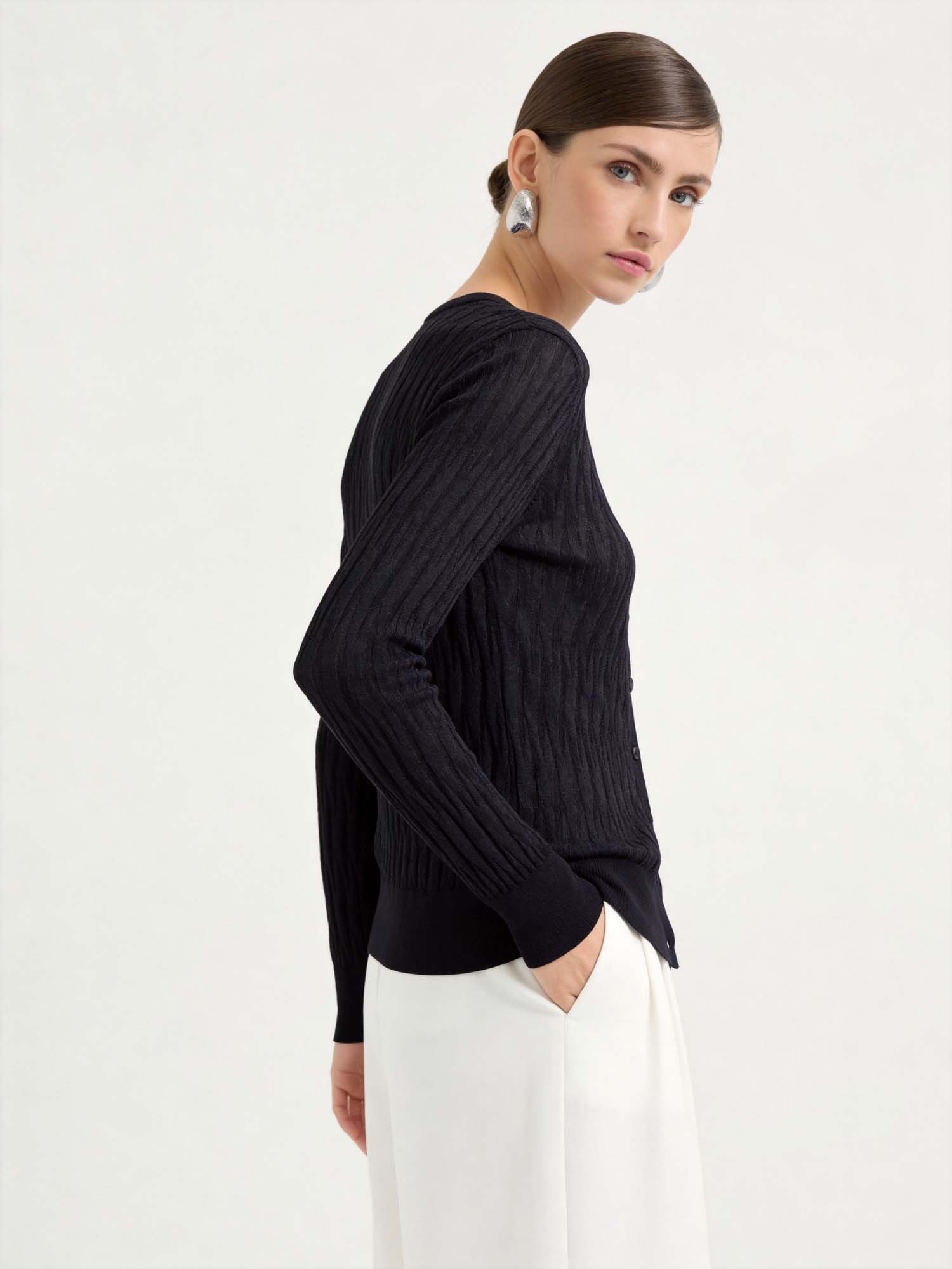 Black Tencel Sheer Diamond Knit Cardigan