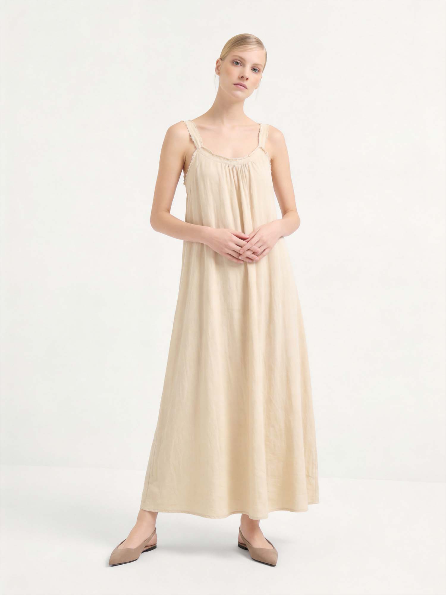 Yellow Linen Crew Neck Maxi Dress