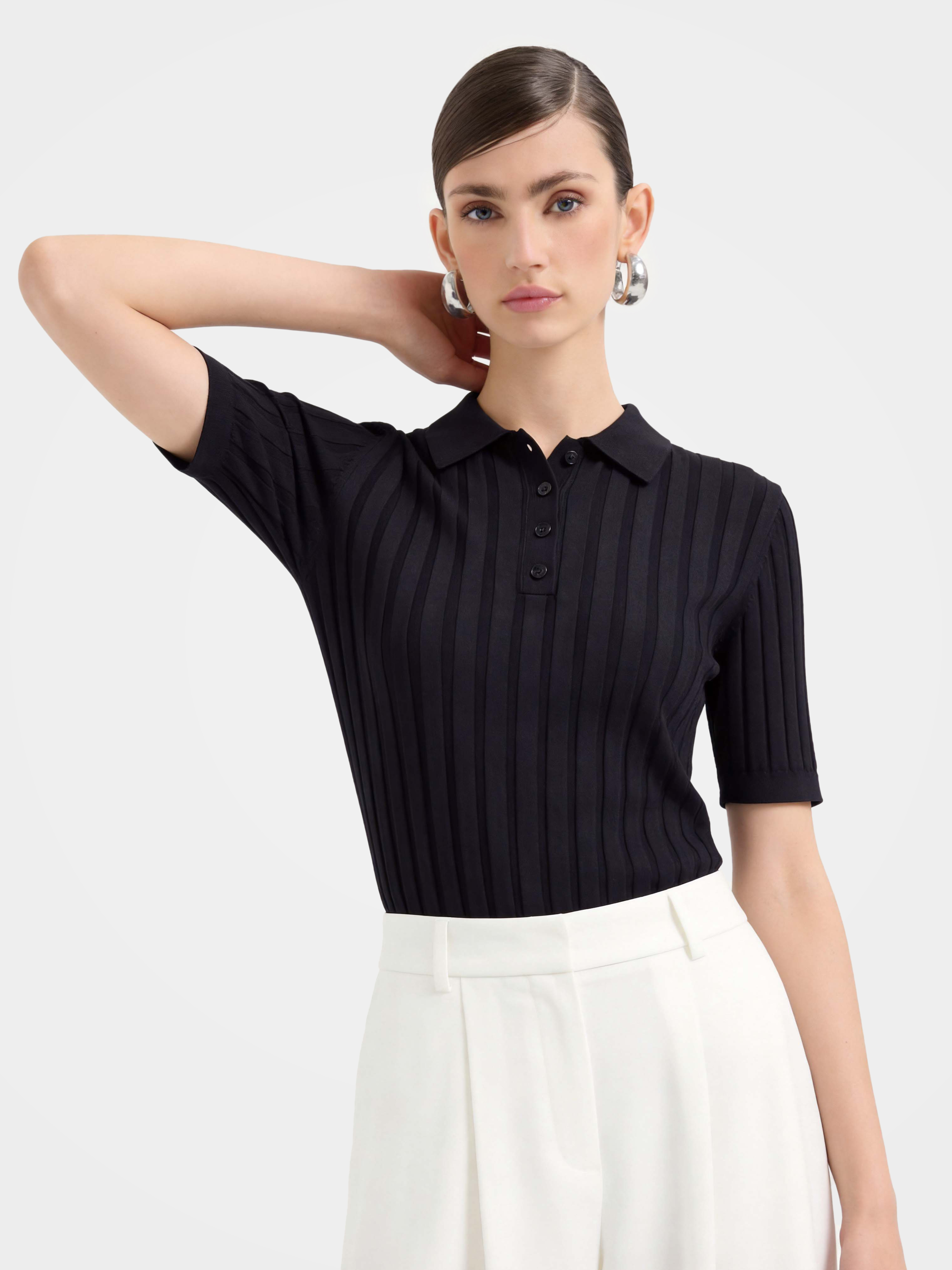 Cooling Tencel Silk Blend Ribbed Knit Polo Top