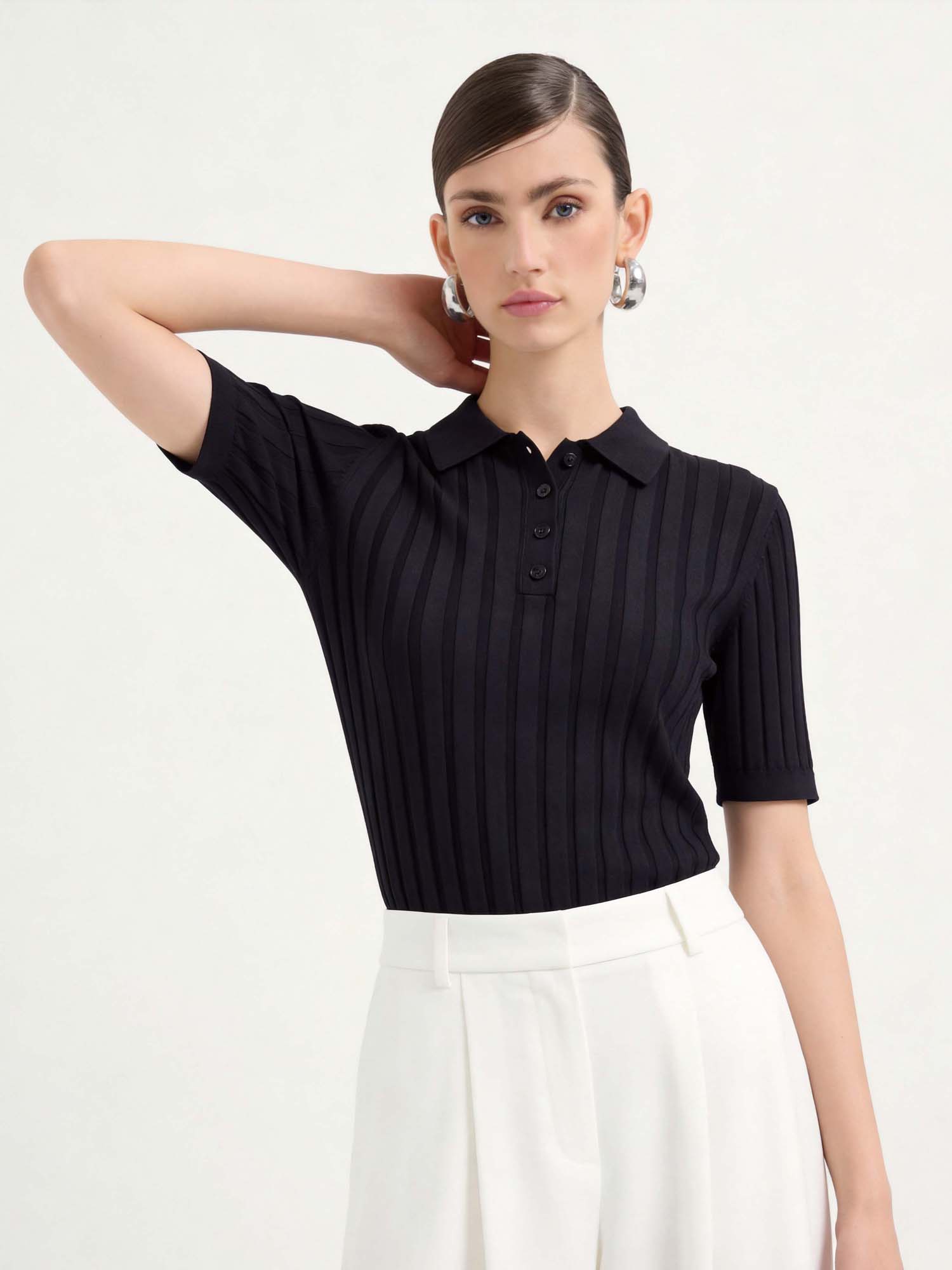 Black Tencel Button Knit Polo Sweater