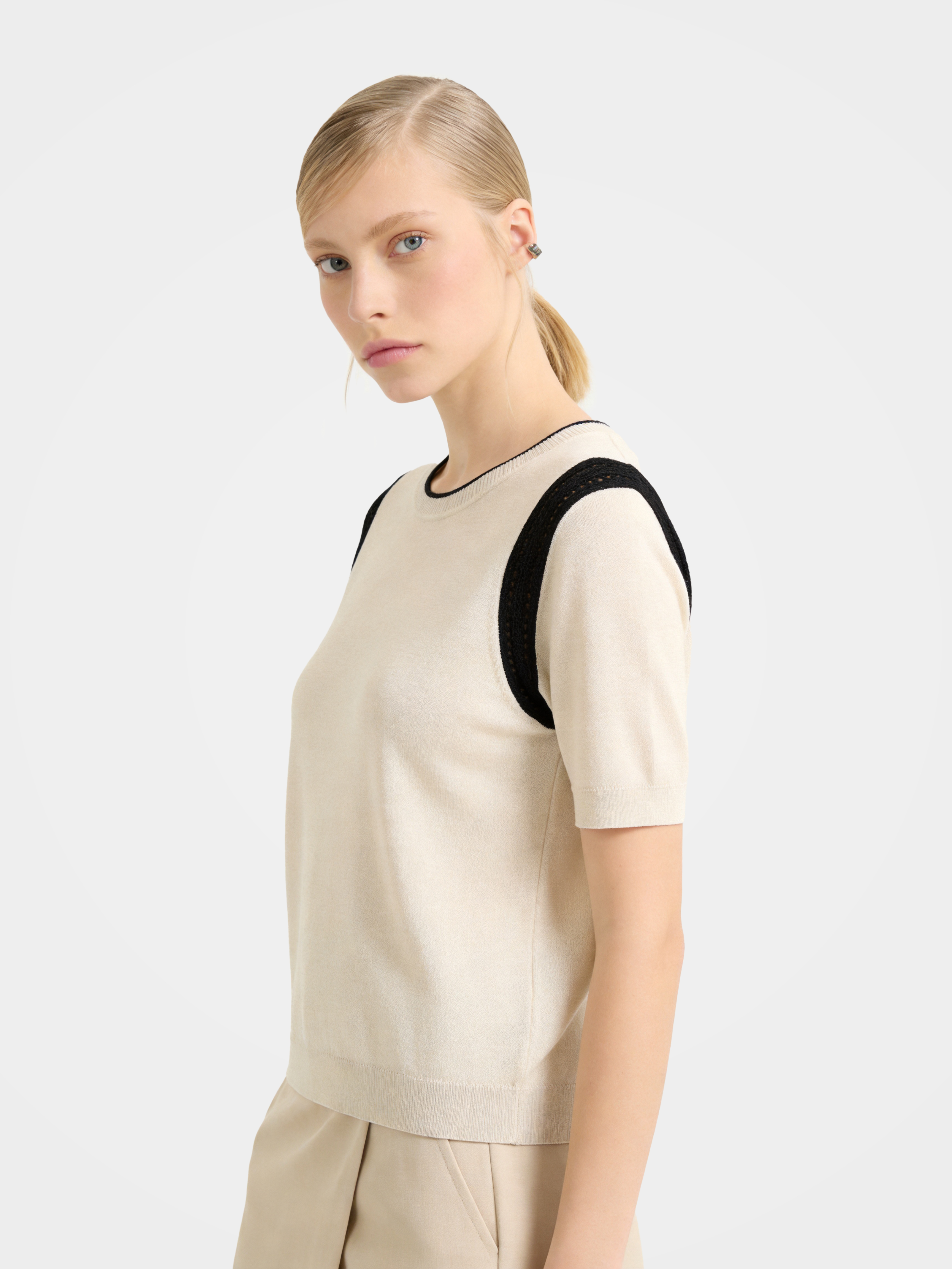 Beige Wool-Silk Knit Sweater with Hollow Out Shoulders
