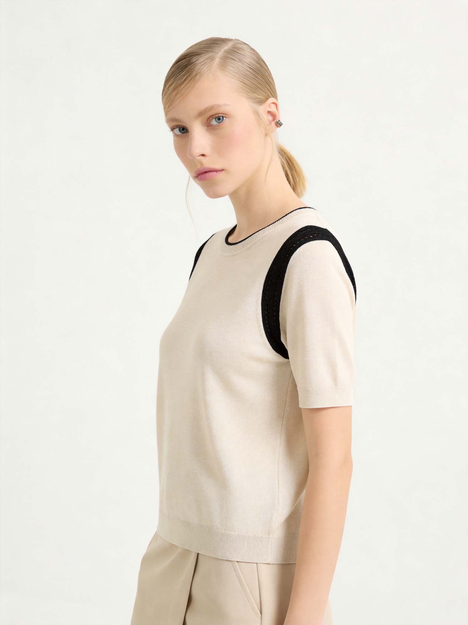 Beige Wool-Silk Knit Sweater with Hollow Out Shoulders