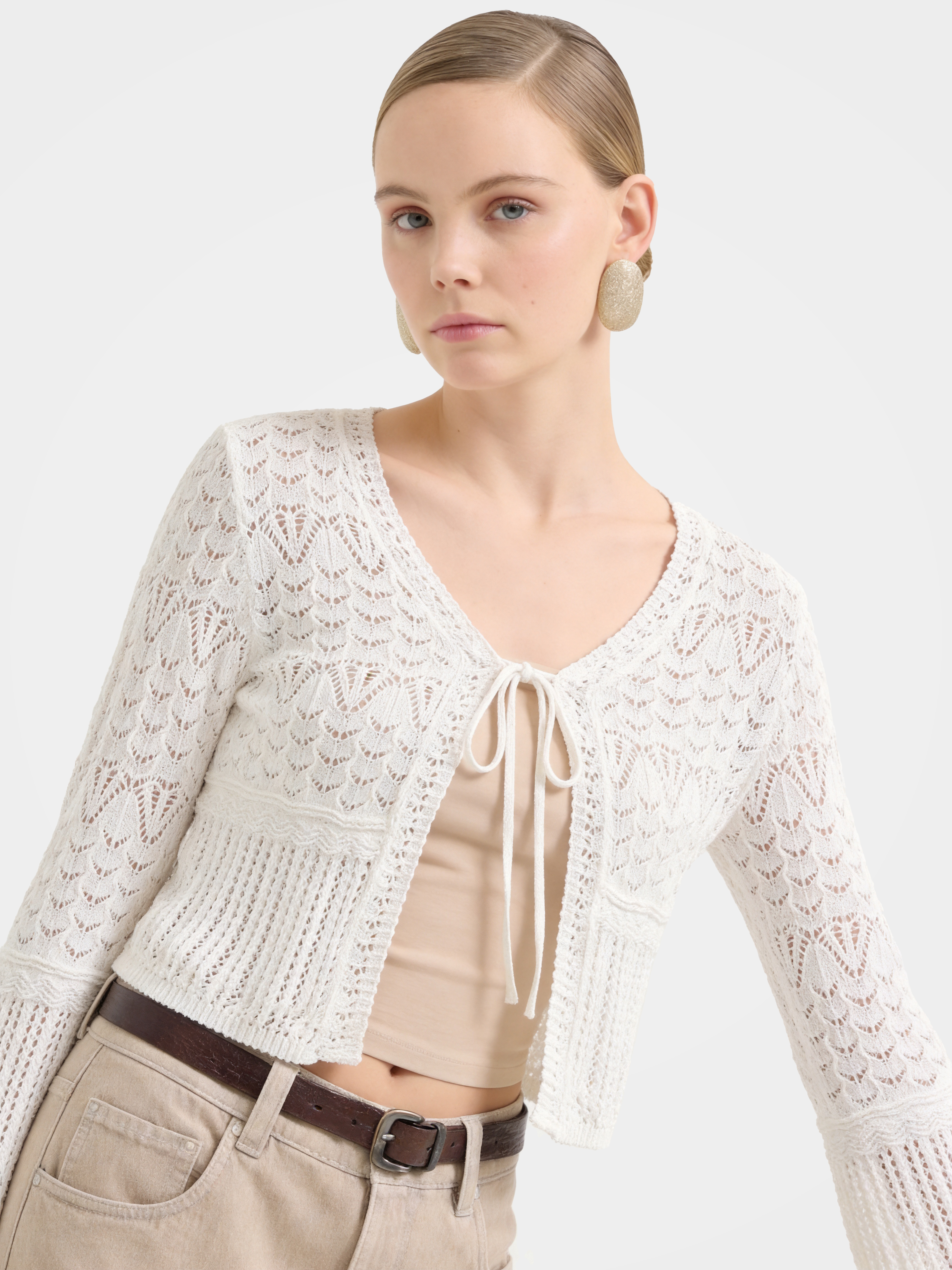 White Cotton Hollow Out Knit Cardigan
