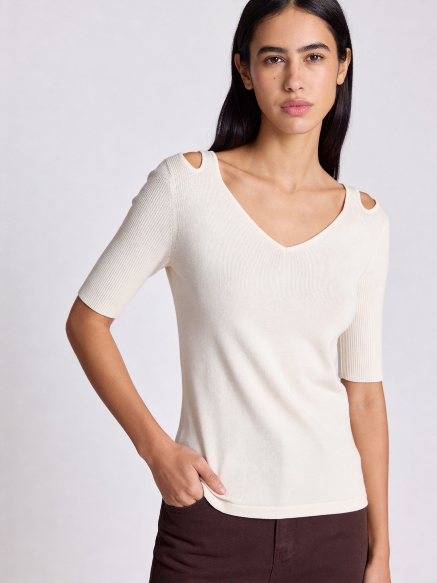 Wool Silk Short Sleeve Hole Knit Top
