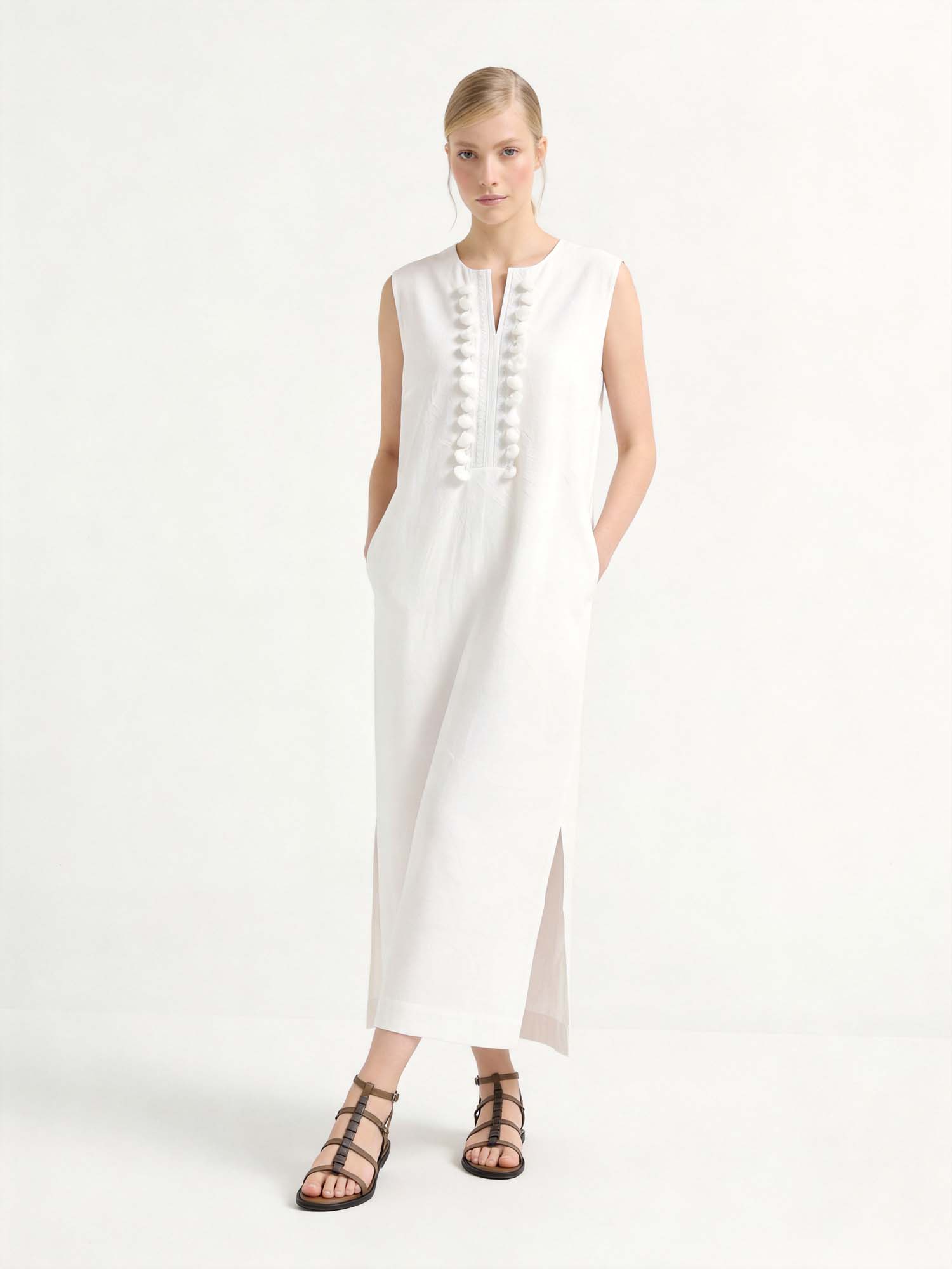 White Linen Crew Neck Maxi Tank Dress