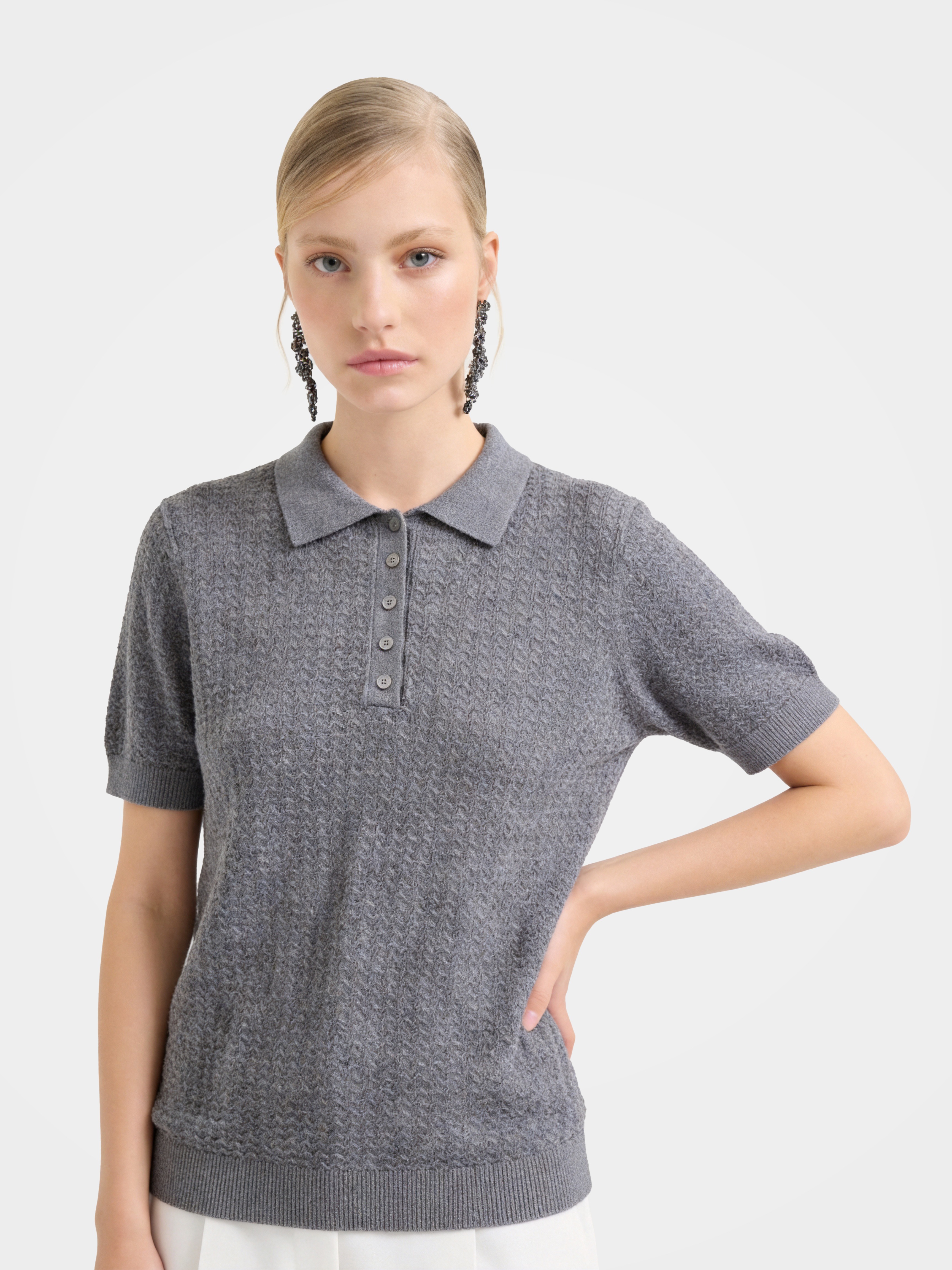Gray Wool Short Sleeve Knit Polo Sweater