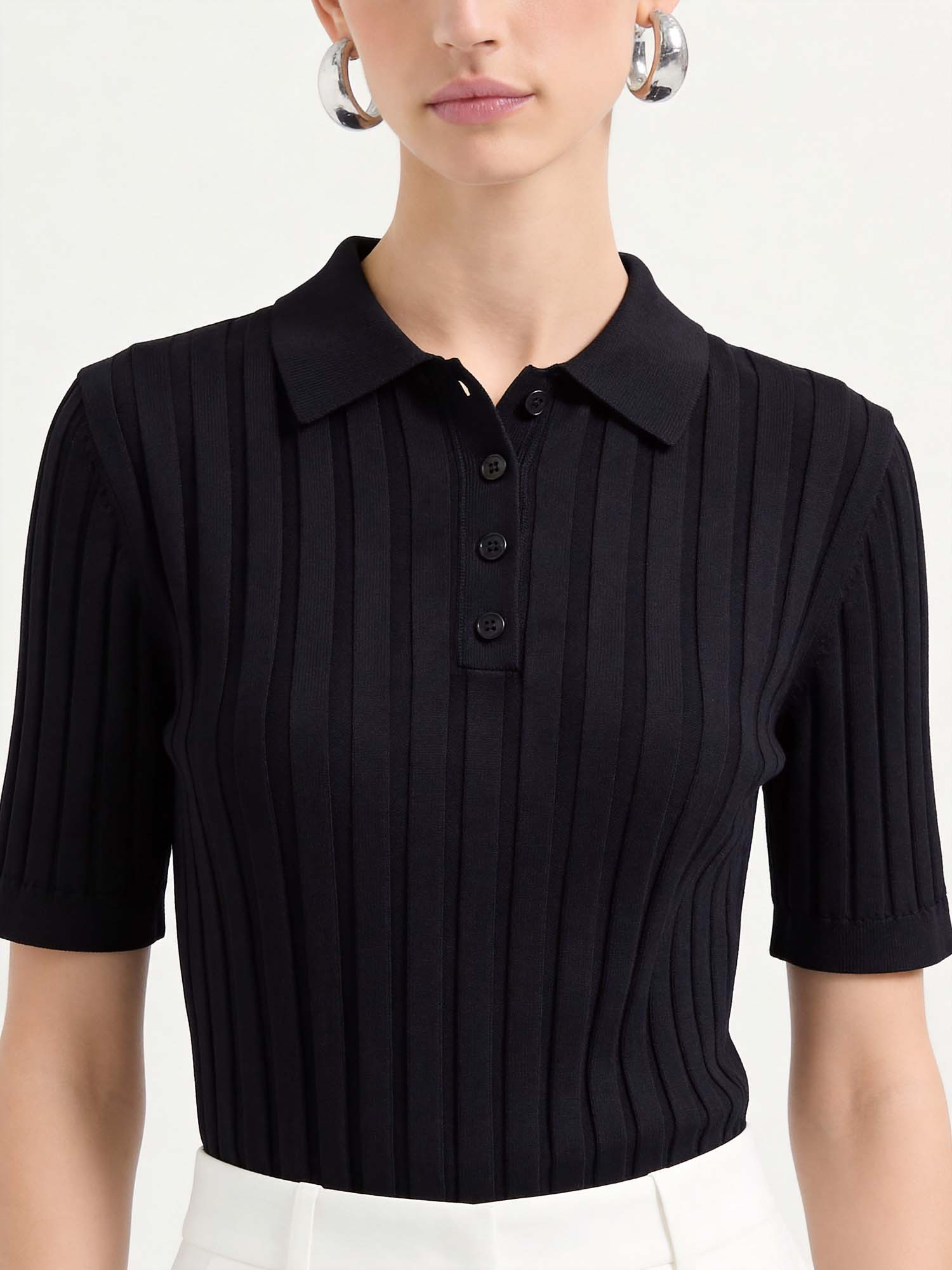 Black Tencel Button Knit Polo Sweater