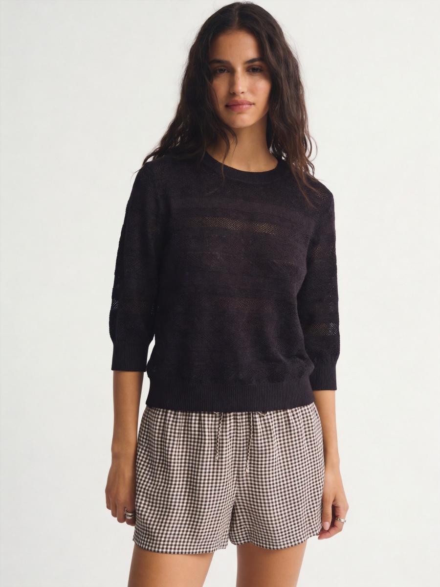 Wool Silk 3/4 Sleeve Openwork Knit Top – Lightweight Breathable Pullover