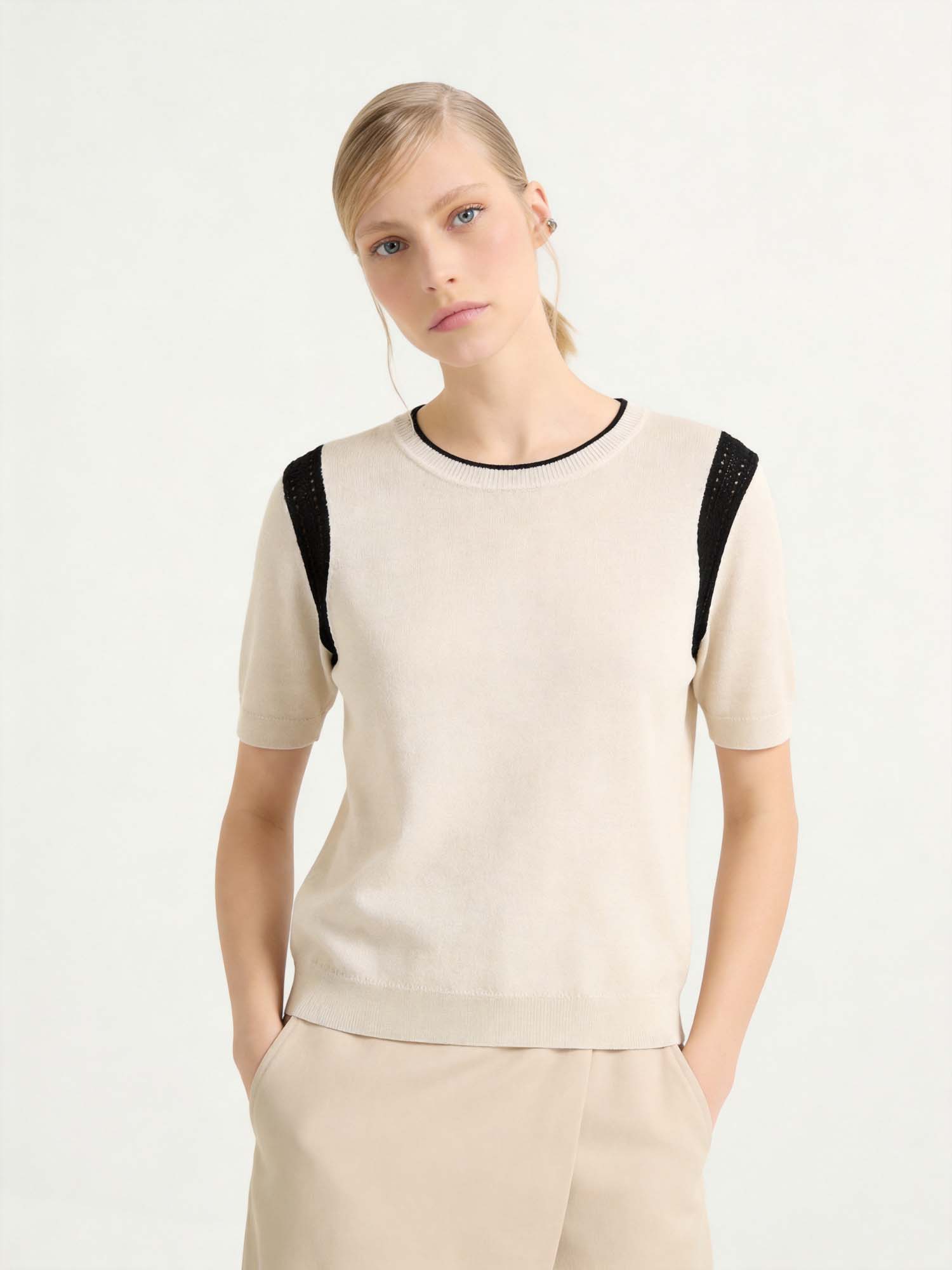 Beige Wool-Silk Knit Sweater with Hollow Out Shoulders