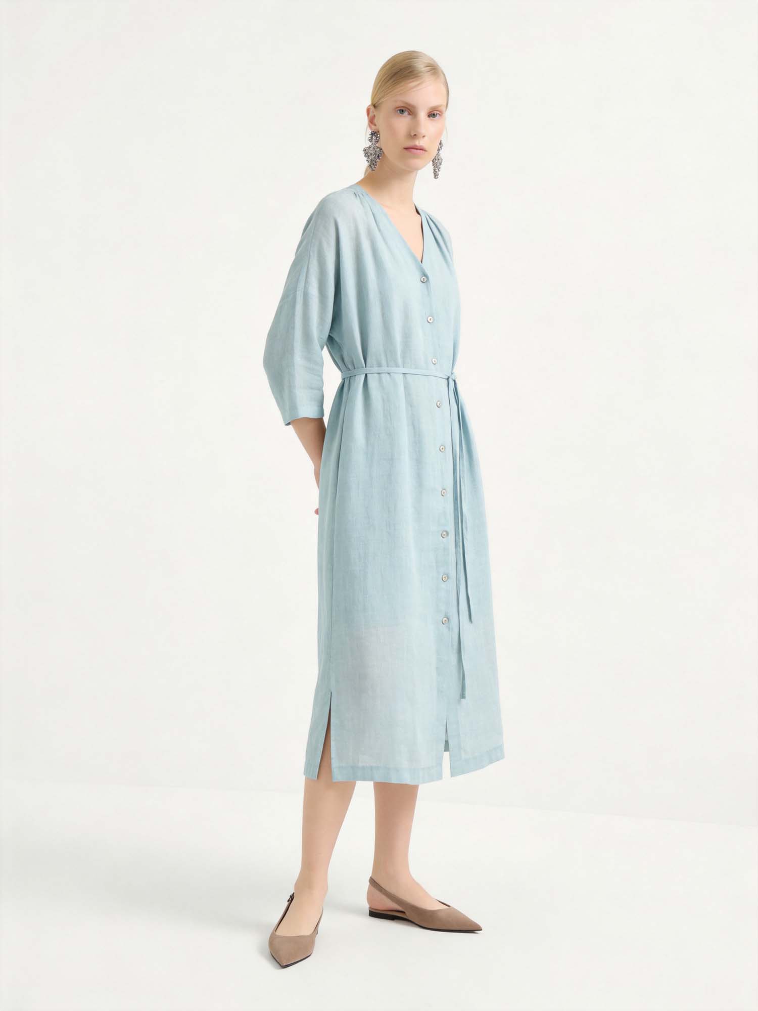Pink 3/4 Sleeve Midi Linen Dress